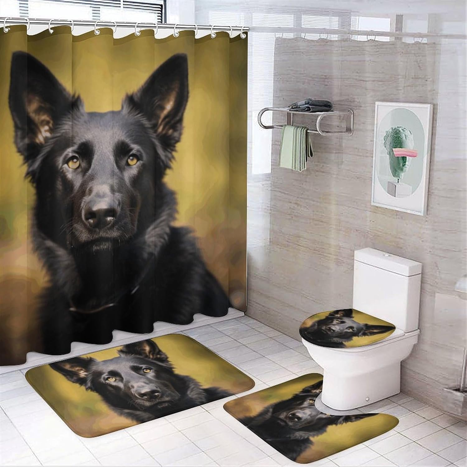 German Shepherd Dog Shower Curtain Set 4 Piece, Non-Slip Bath Mat with Toilet Lid Cover and Waterproof Shower Curtain with 12 Hooks, Complete Bathroom Set for Home Decor