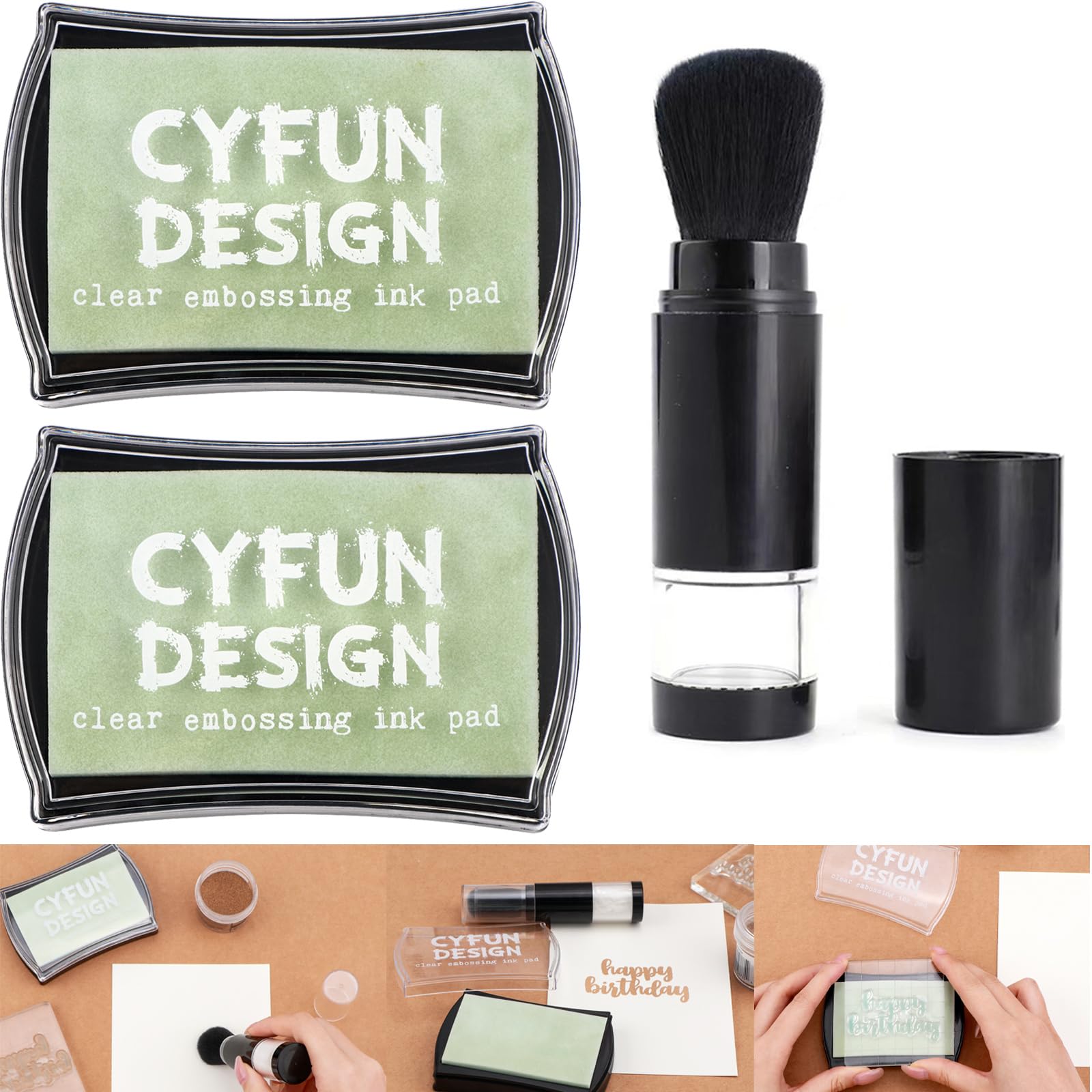 2 Pcs Clear Embossing Ink Pad and 1 Pcs Embossing Powder Tool Applicator Sets for Stamping & Scrapbooking, Transparent Slow-Drying Crisp Ink, | Long-Lasting Inkpads for Rubber Stamps