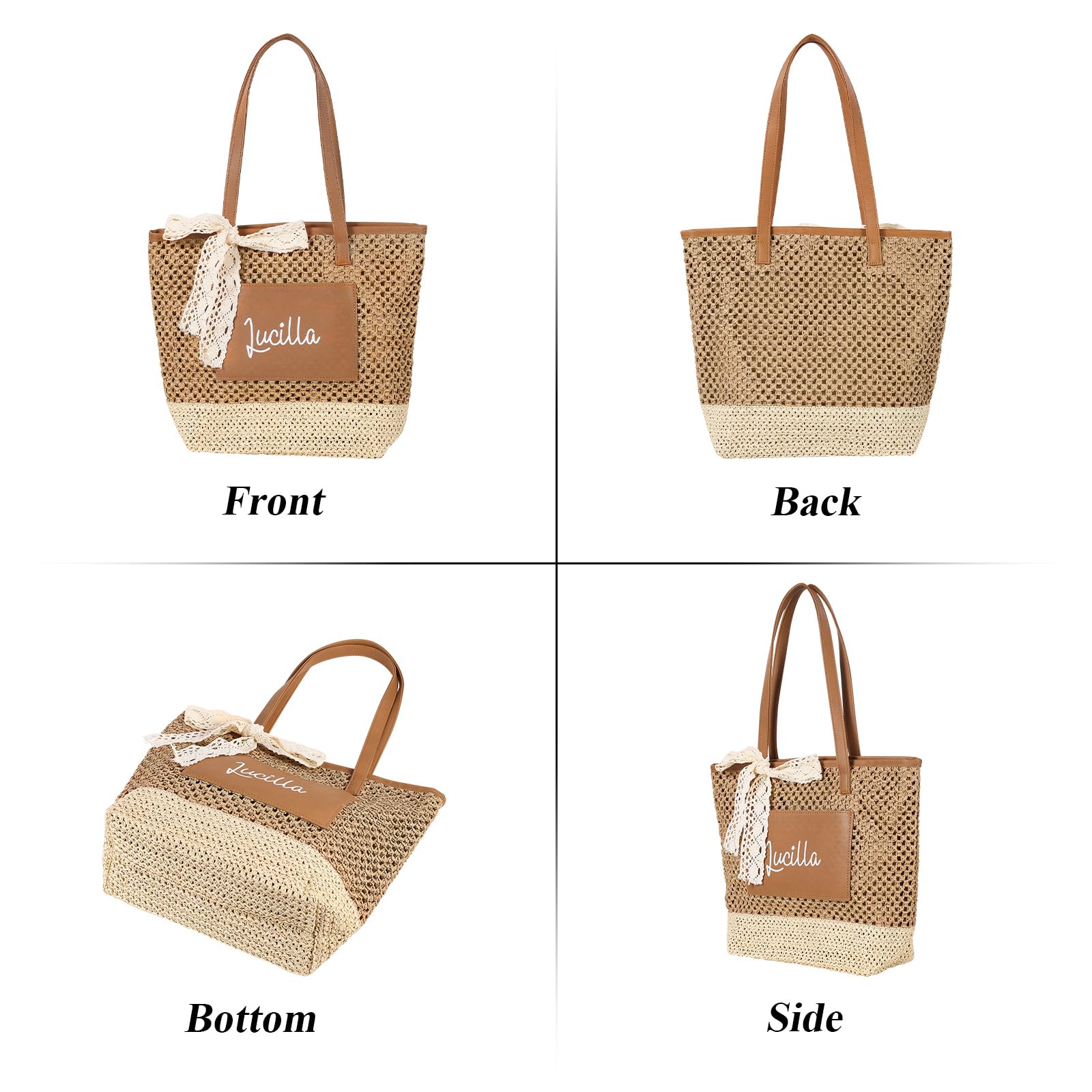 Jeweidea Bolso de Playa Personalizado para Mujer con Nombre Bolso Rafia Mujer Verano Tote Bohemio para Playa/Viajes/Piscina