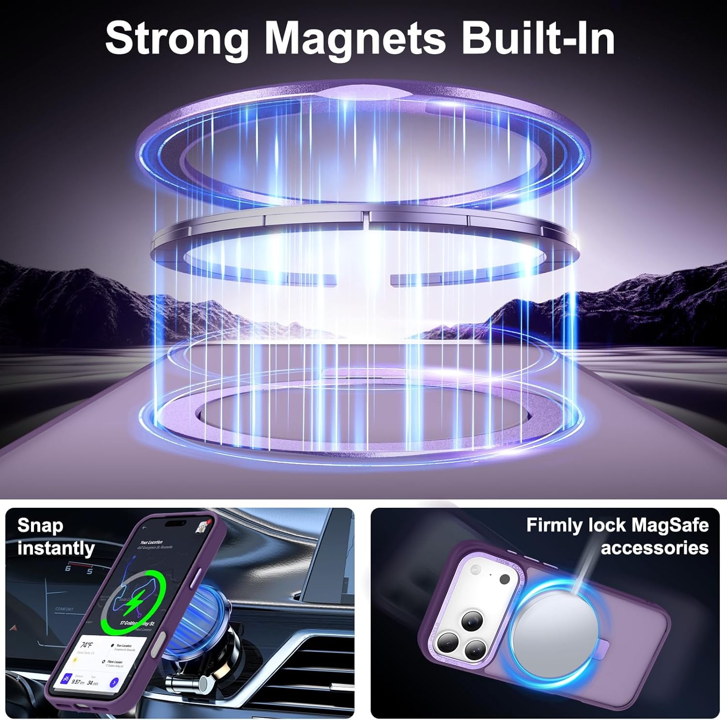 Magnetic for iPhone 17 Pro Max Case with Ring Stand, [10 FT Drop Protection] [Velvety Touch] Slim Translucent Matte Back Shockproof Phone Case for iPhone 17 Pro Max 6.9'', Dark Purple - Image 2