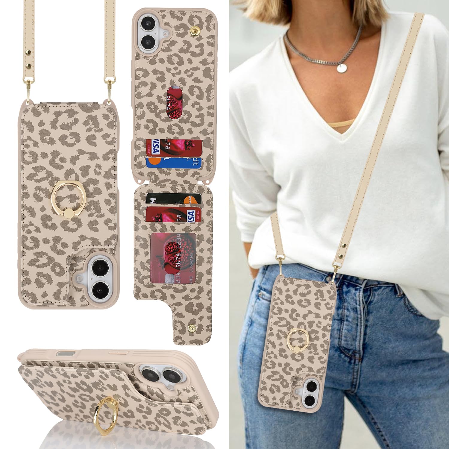 Lipvina for iPhone 16 Plus Case with Card Holder and Strap for Women,Crossbody Lanyard,RFID Blocking,Ring Stand,Snap Clasp,Cute Phone Wallet Cases 6.7