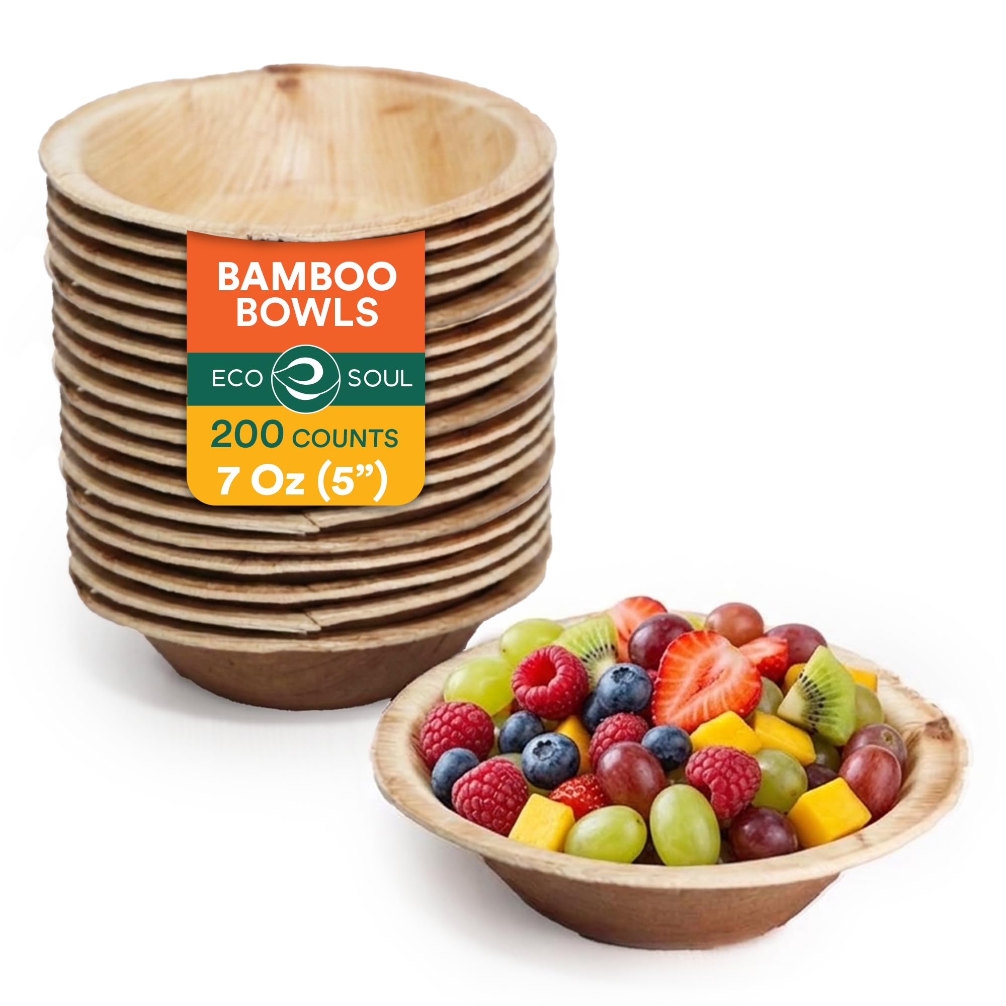 ECO SOUL Ciotole piccole in foglia di palma da 8 once compostabili al [confezione da 200] Ciotole da dessert usa e getta in stile bambù I robusta ed ecologica (ciotole rotonde da 5")