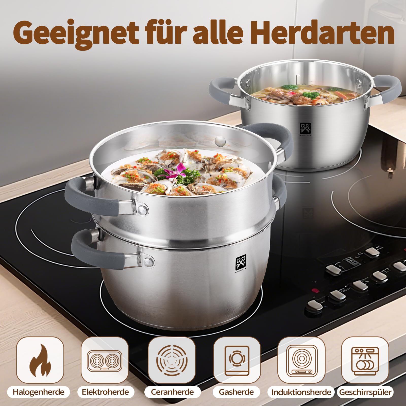Olla de vapor con tapa de cristal de 20 cm, olla de vapor de acero inoxidable de 3 l, incluye cesta de vapor, inducción, vapor, vapor, olla de cuscús, apta para verduras, sopas, albóndigas, horno y