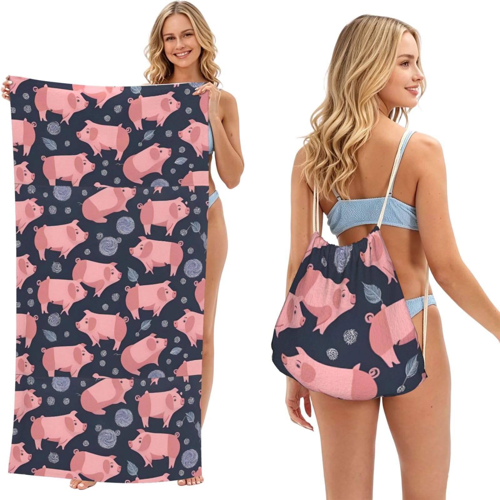 Poadnly Cute Pigs, 2 in 1 Packable Towel Bag, Beach Towels with Drawstring Backpack for Travel Holiday Camping