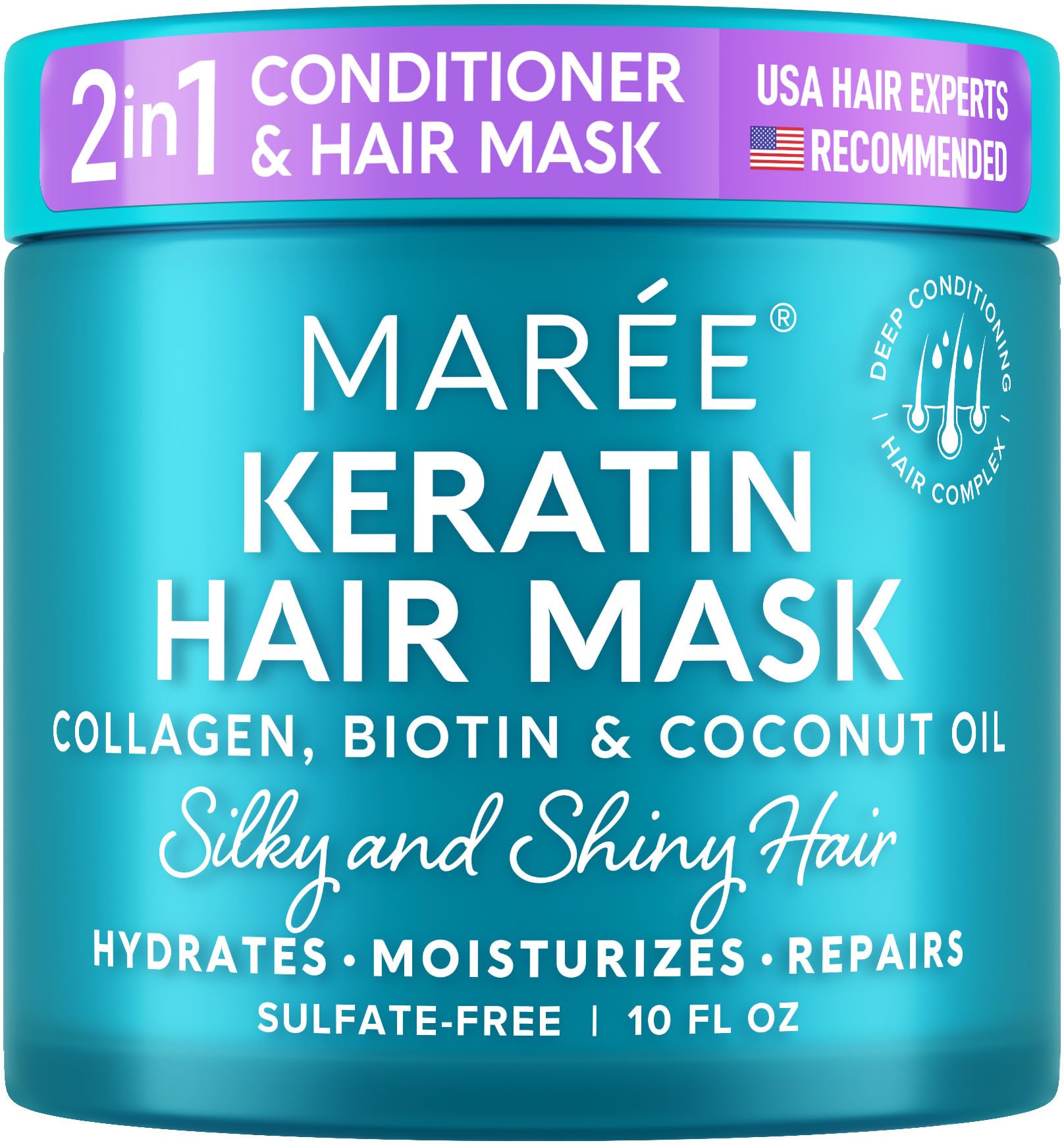 MAREE Deep Hair Mask & Conditioner - Hydrating & Deep Conditioning Hair Mask with Coconut Oil & Keratin for Fine, Curly & Frizzy Hair - Biotin & Collagen Moisturizing Conditioner for Dry Bleached Hair