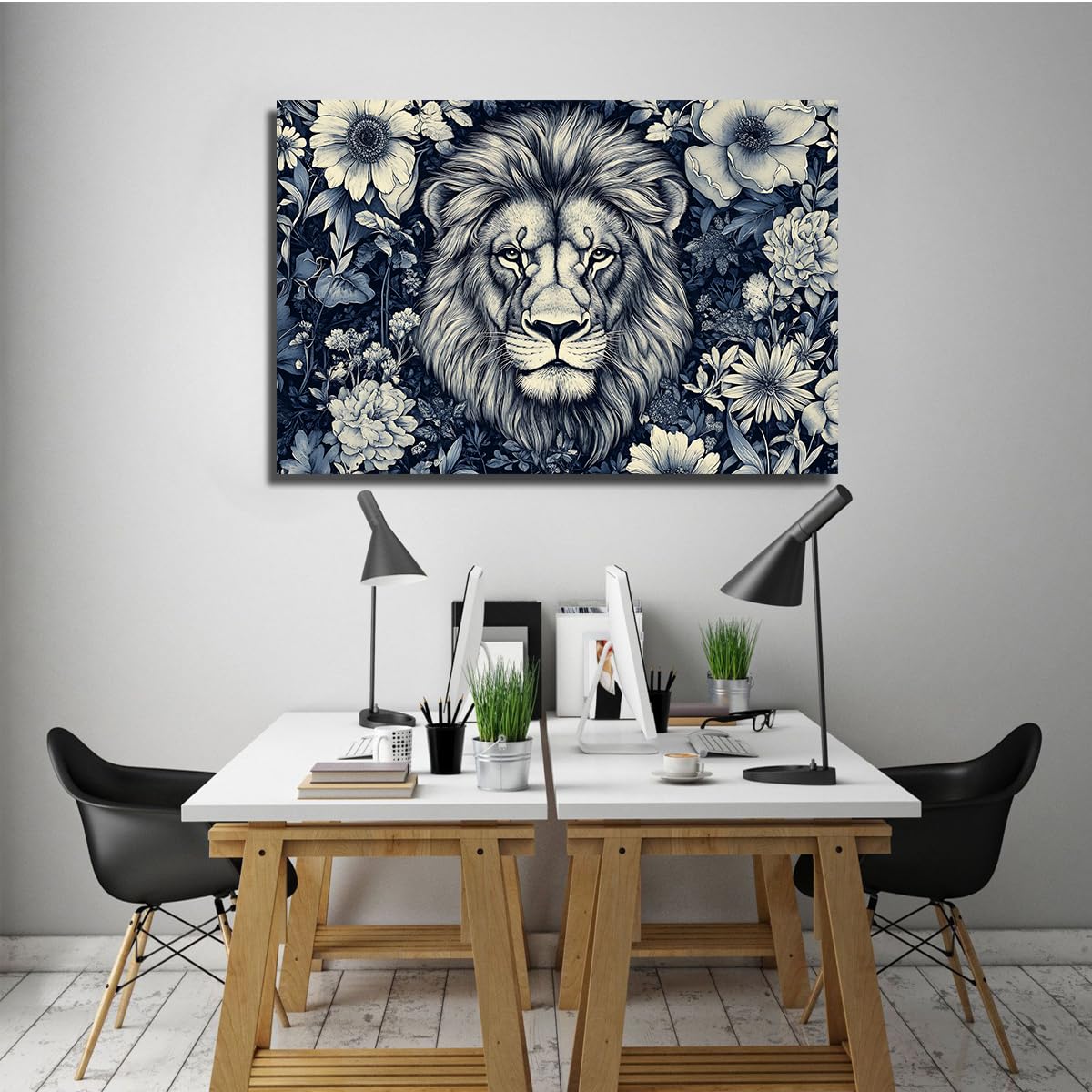 Arte mural León floral en lienzo Azul oscuro Decoración botánica 65x100cm