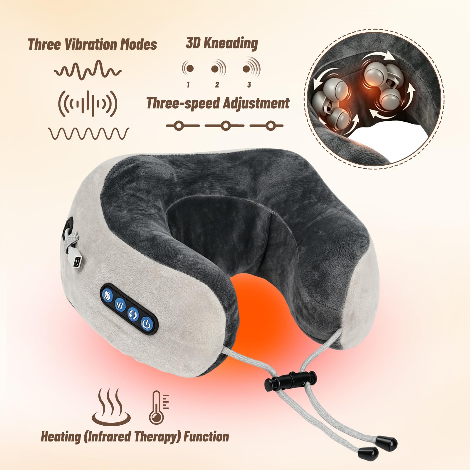 Masajeador de cuello, masajeador eléctrico de cuello con 3 niveles de fuerza y 3 modos, almohada de masaje recargable