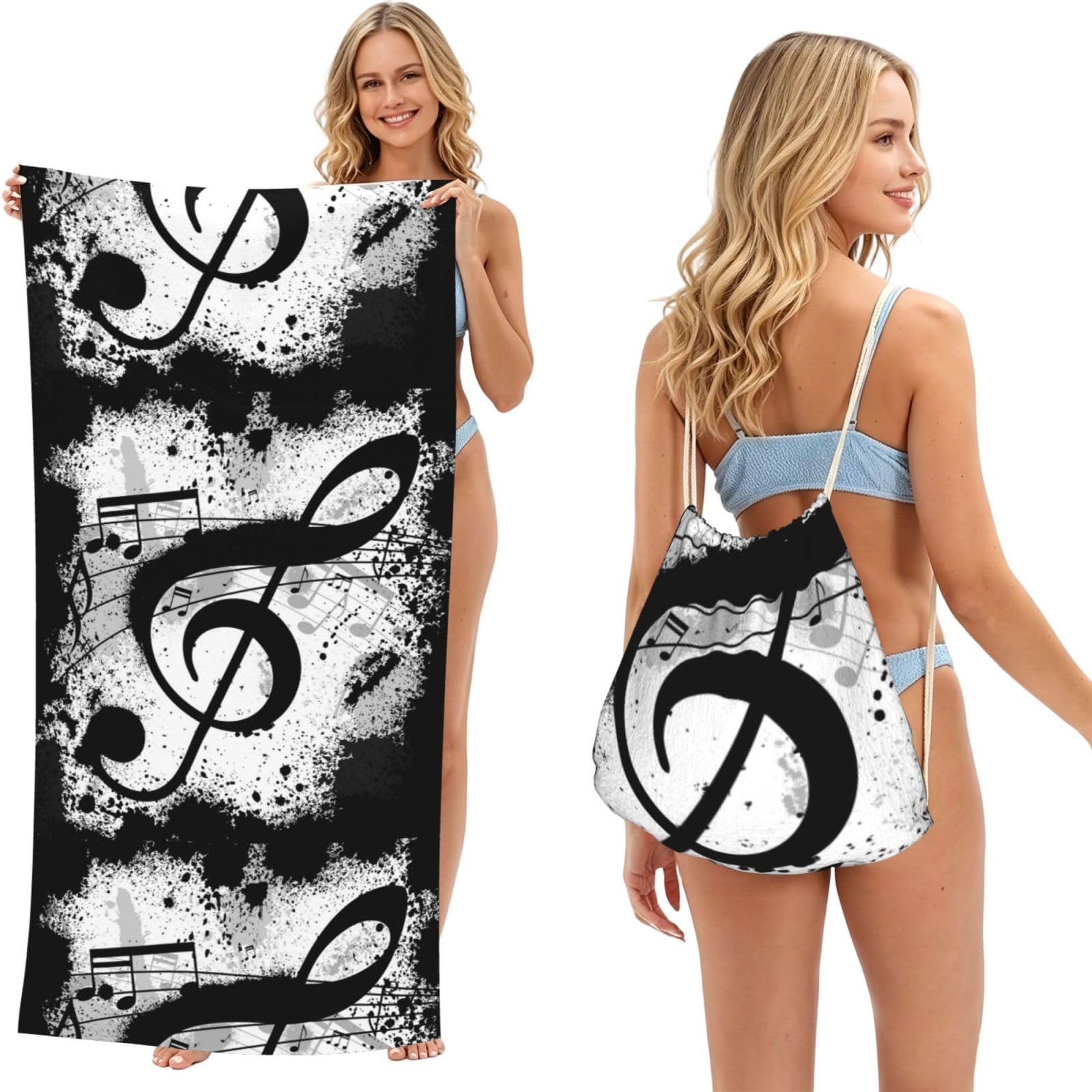Poadnly As Picture Music Notes, 2 In 1 Packable Towel Bag, Beach Towels With Drawstring Backpack For Travel Holiday Camping