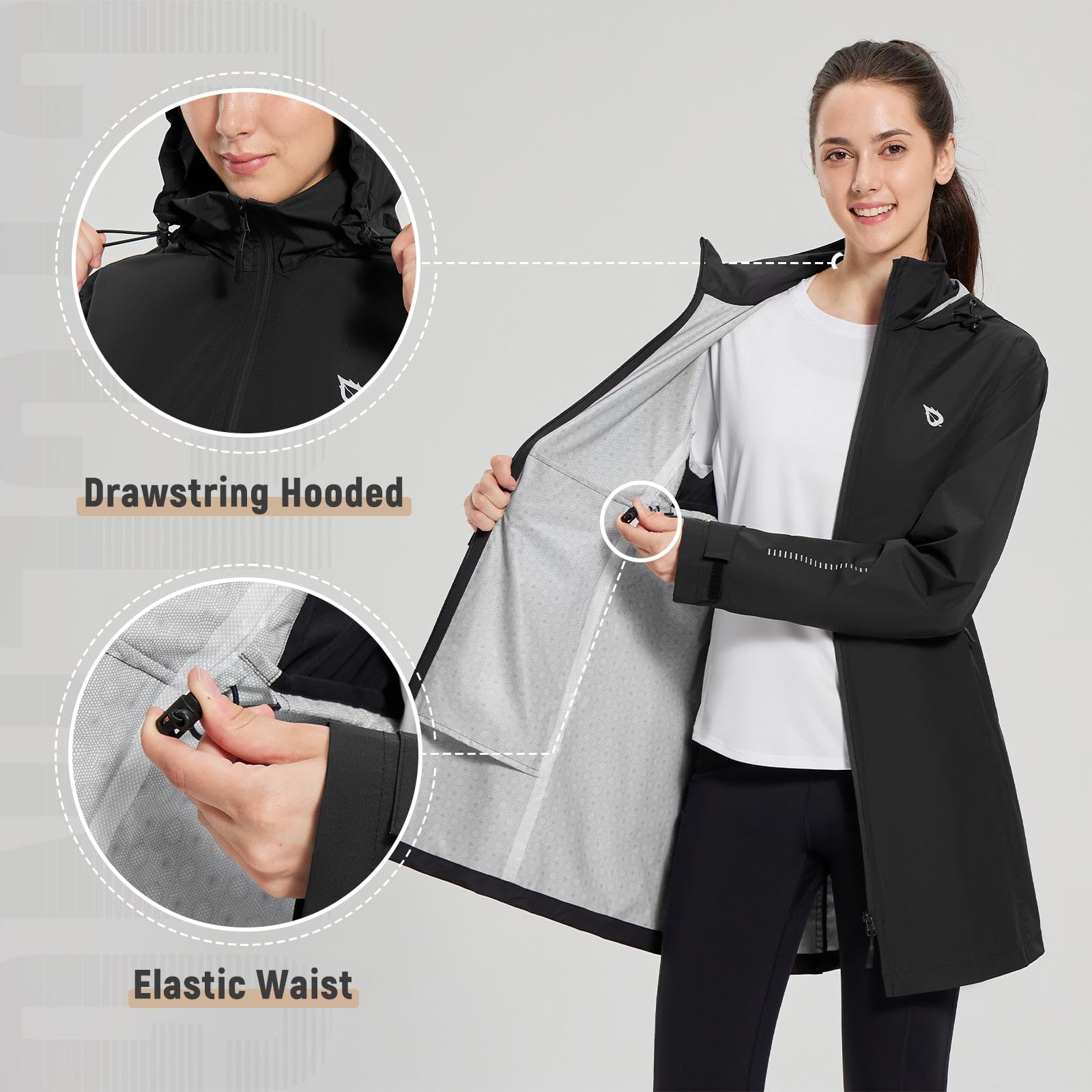 baleaf Regenmantel Damen Lang Wasserdicht Regenjacke Trenchcoat mit Taschen Windbreaker Leicht Regenponcho Packbare Funktionsjacke Raincoat Wandermäntel