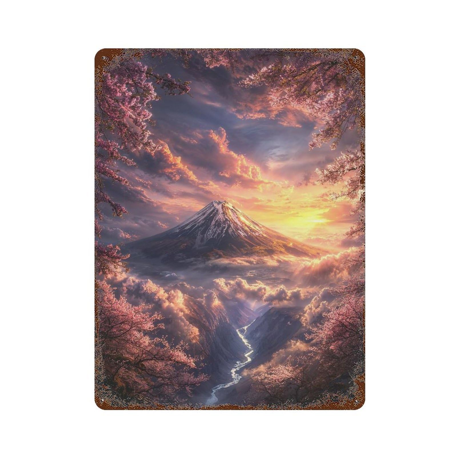 Sunset Sakura Fuji 15.7"x11.8" Rusty Metal Tin Sign, Shabby Chic Decor for Bistro, Counter And Cafe Decor