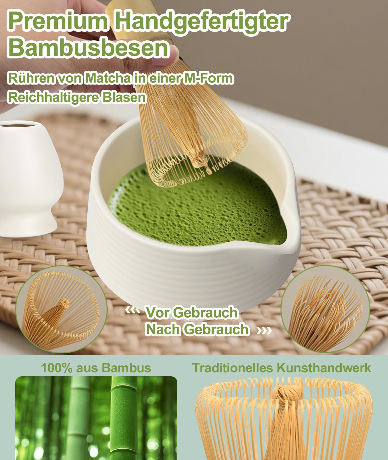JBER Zestaw do matcha 7-Częściowy - Bambusowy mikser do matchy, ceramiczna miseczka z nalewką, sitko do matchy - Kompletny zestaw do herbaty matcha, Beżowy Biały