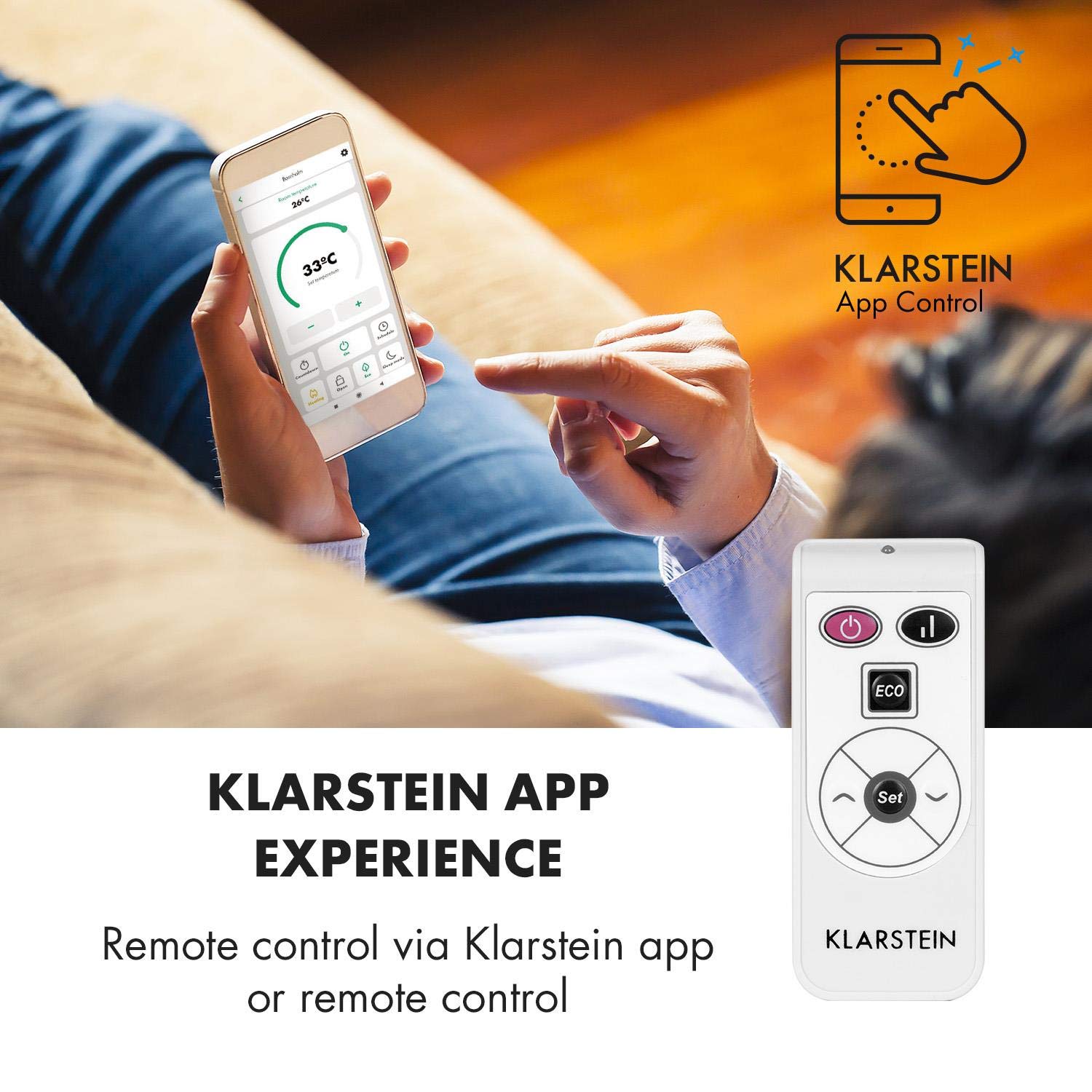 Klarstein Bornholm Single Smart - calentador de convección, pantalla LED, pantalla táctil, temporizador, control de aplicaciones, 2 niveles de calentamiento 500 y 1000 vatios, termostato 5-45 ° C,