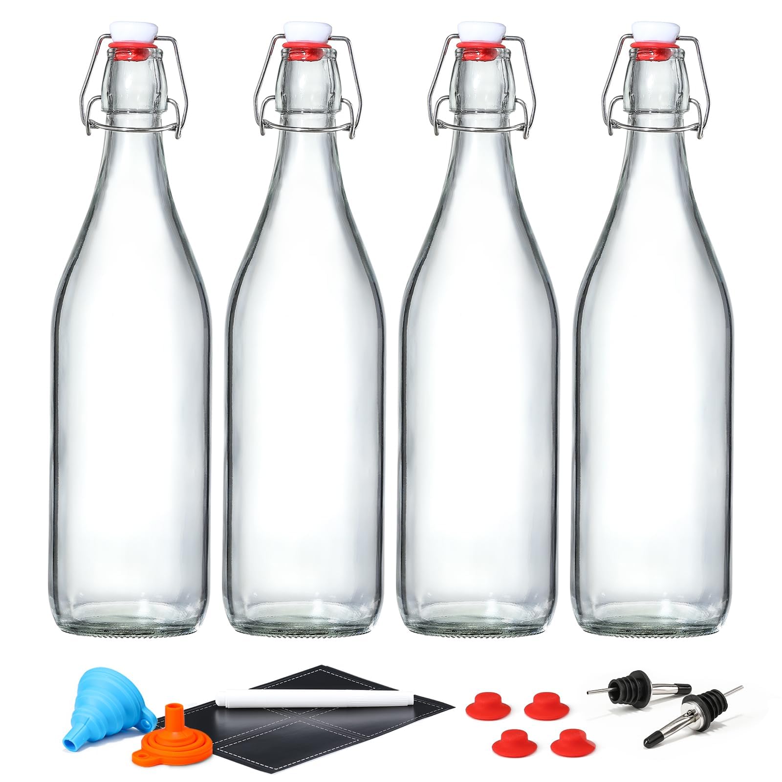 4 Pack [1 Liter / 33 fl. oz.] Swing Top Glass Bottles w/ Airtight Stopper Lids – Flip Top Brewing Bottle for Fermentation, Kombucha, Mead, Vinegar, Beer, Kefir, Wine – With 4 Extra Seals & 2 Pourers