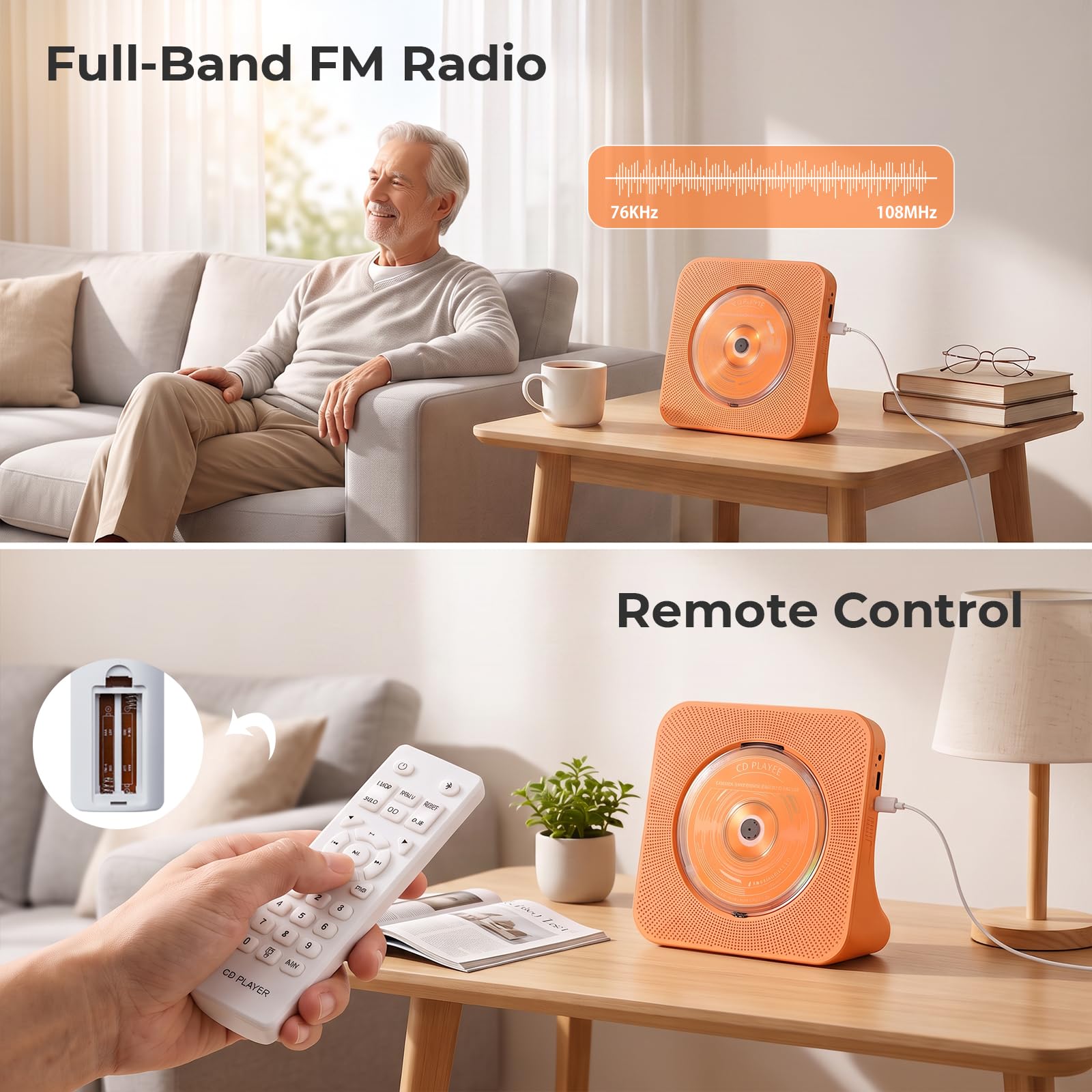Lecteur CD Bluetooth 5.0 avec Haut-parleurs, Radio Orange