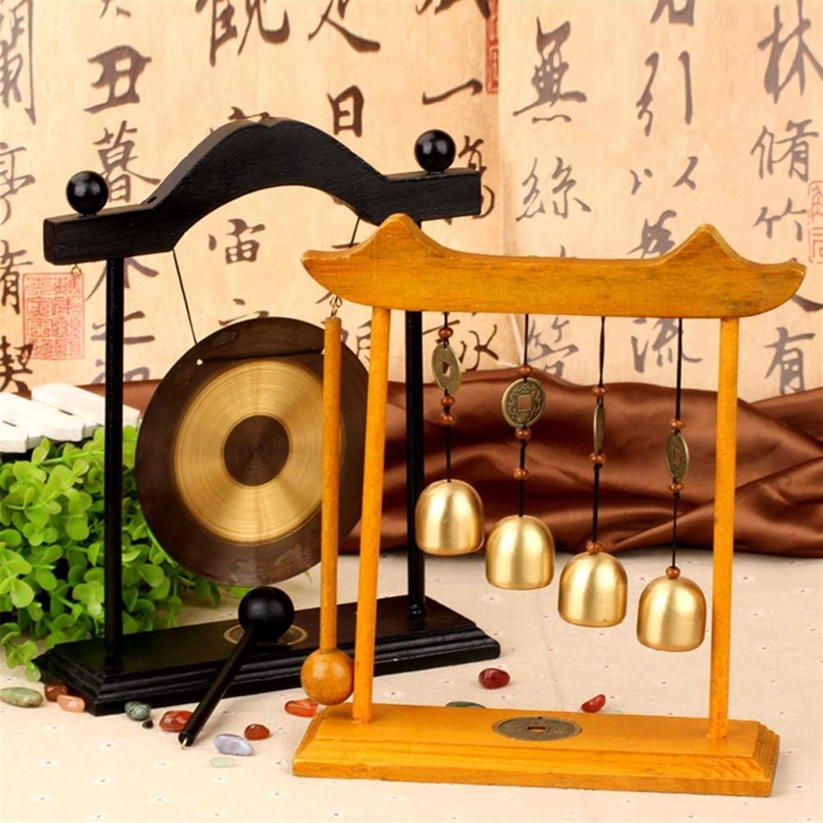 WlP Gong De Mesa Chino Zen Feng Shui Gong De Latón Gong Viento Escritorio Gong Mesa Chino Zen Cobre Gong De Mano Gong Campana Escritorio con Soporte Madera Negro For Decoración del Hogar