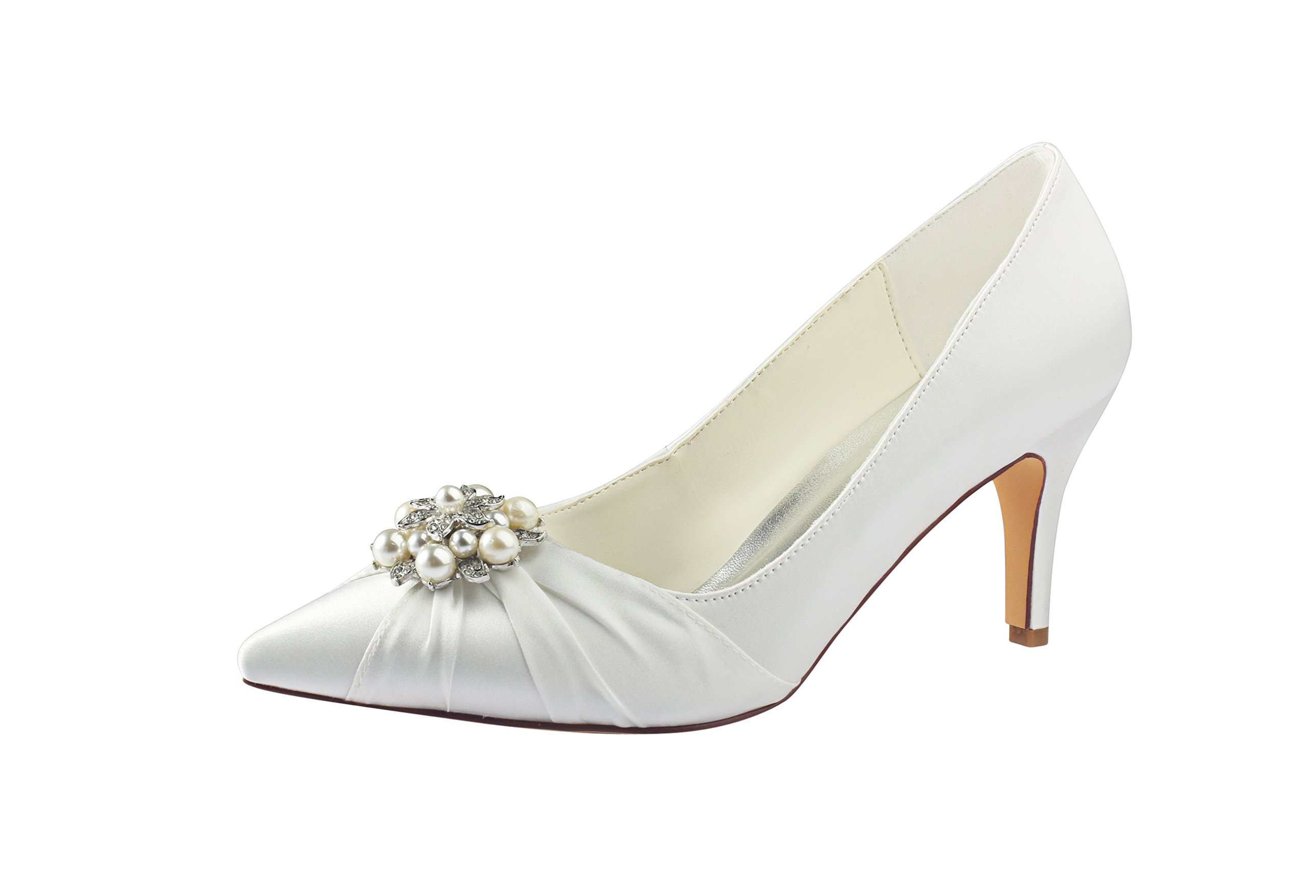 Emily Bridal Ivory Wedding Shoes Silk Pointed Toe Pearls Rhinestones High Heel Bridal Shoes