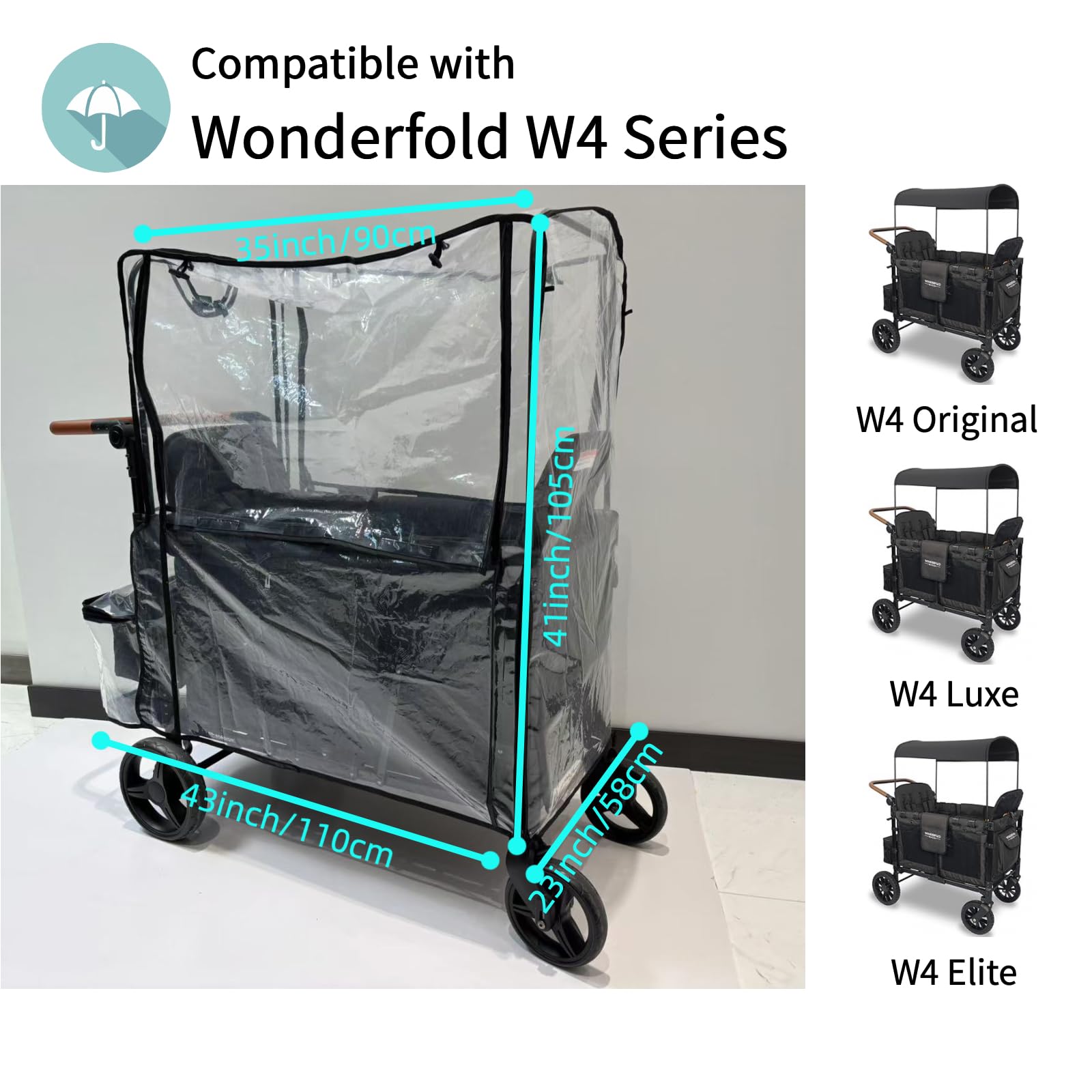 Regenschutz kompatibel mit Wonderfold W4 Wagon | Dickes, langlebiges und geruchloses EVA, wetterfester und winddichter Schutz für 4-Sitzer-Wagen