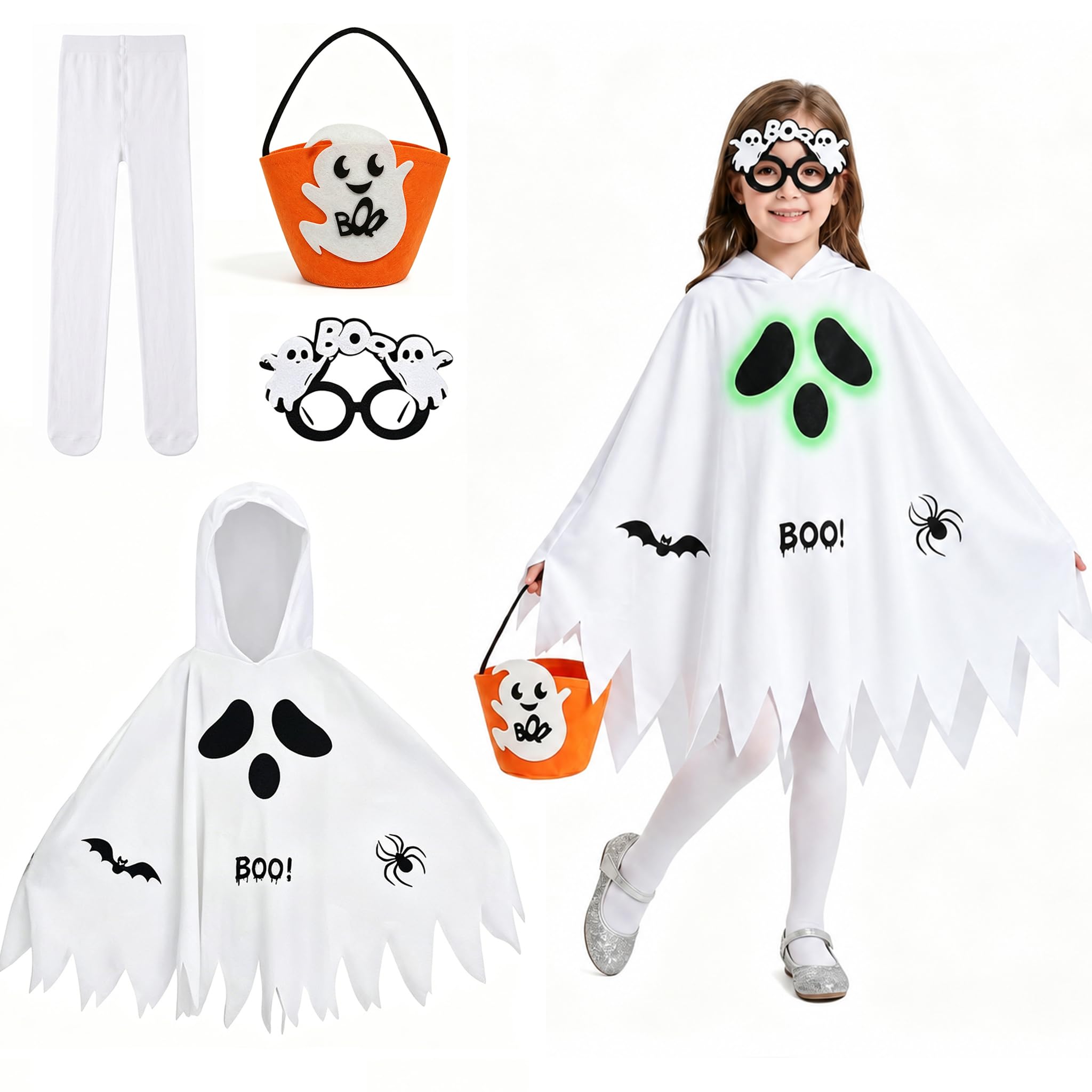 YANFALE 4PCS Ghost Costume,Halloween Ghost Costume, Ghost Face Hooded Cloak with Candy Bag Skeleton Glasses and Socks