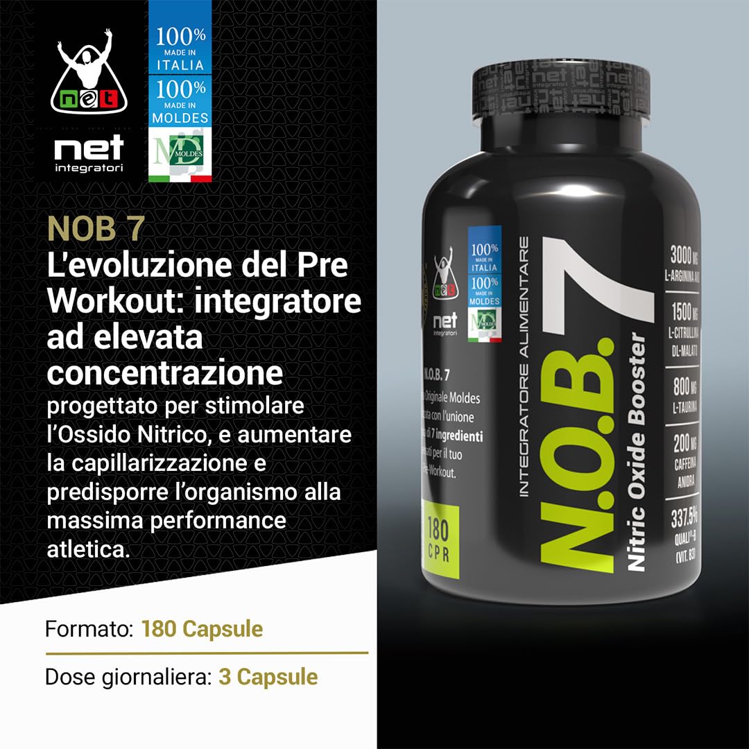 Net Integratori NOB 7 – 180 compresse – Integratore Energetico Pre Workout e Booster di Ossido Nitrico con Arginina Citrullina Caffeina Vitamina B3