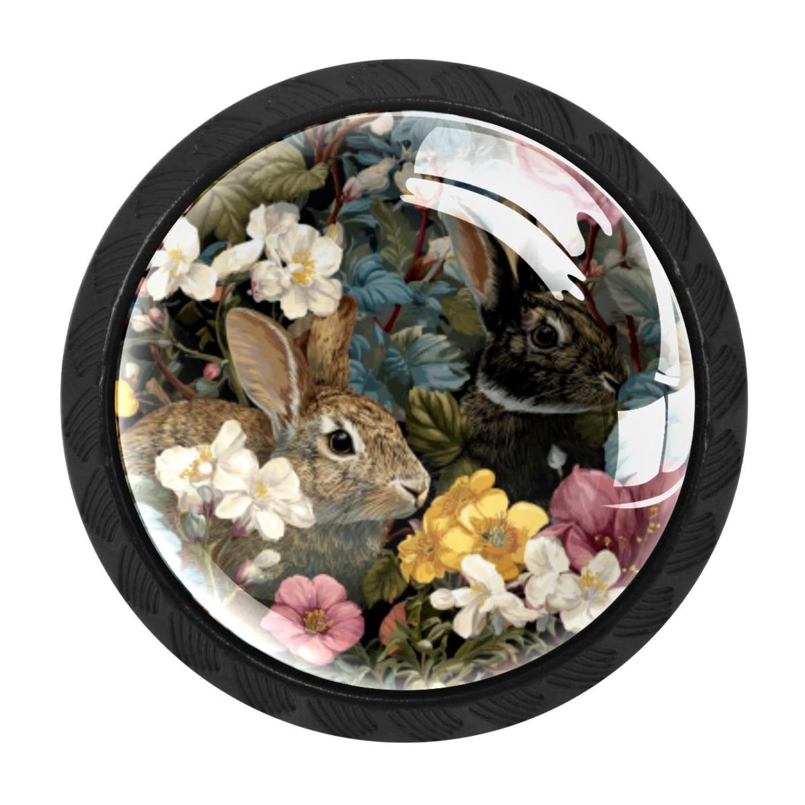 CHENZZZZ 4 Pieces Easter Rabbits Floral (35) Drawer Knobs, 35mm Black Cabinet Knobs, Drawer Pulls and Knobs, Dresser Drawer Knobs, Cabinet Hardware Kitchen Cabinet Knobs
