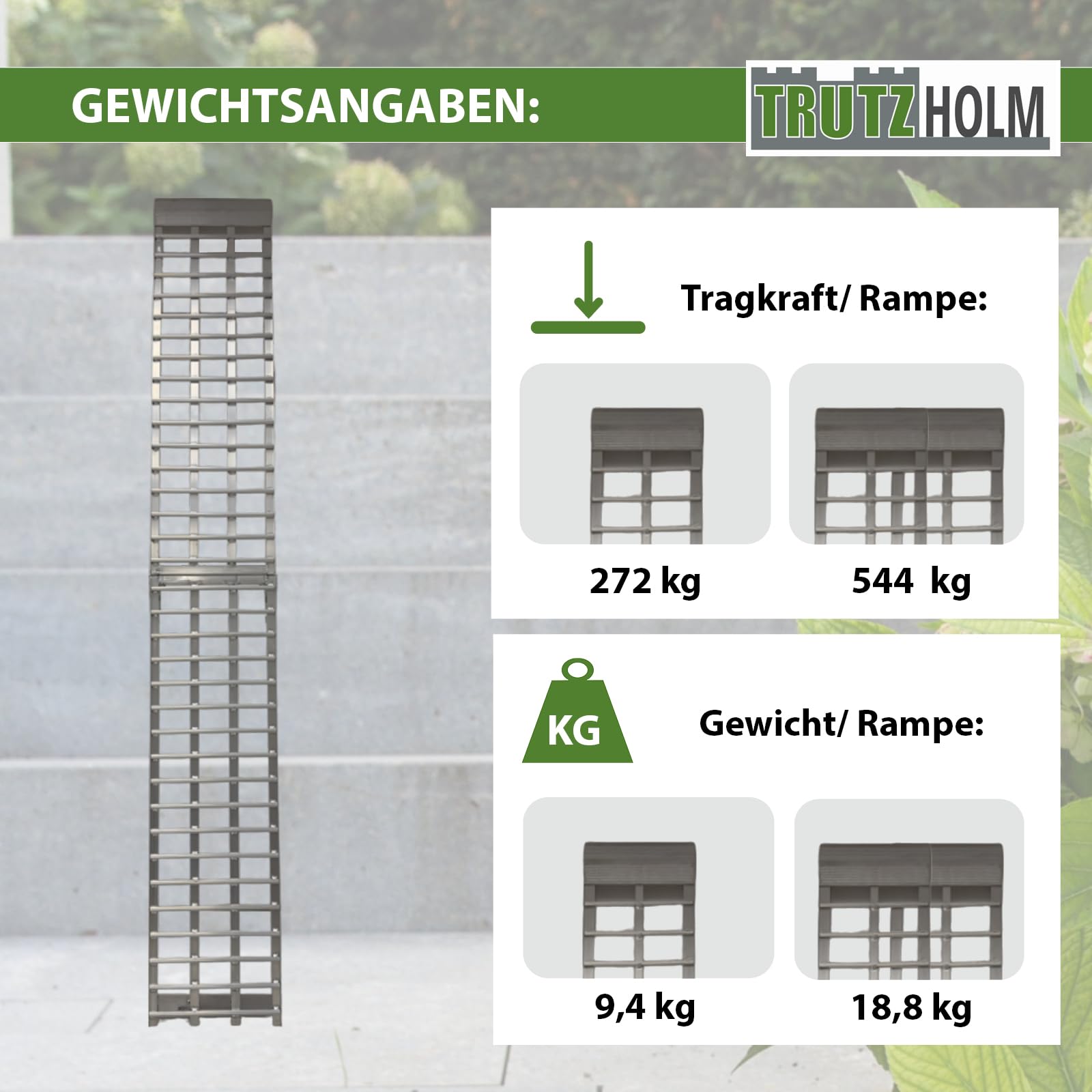TRUTZHOLM Auffahrrampe klappbar 305 cm Traglast 272 kg Aluminium | Verladerampe für Motorrad Roller leichte Cruiser inkl. Spanngurt