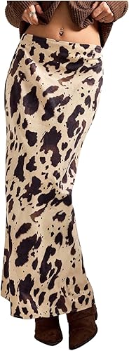 MakeMeChic Women's Cow Print Faux Suede Maxi Skirt Low Rise Bodycon Retro Long S