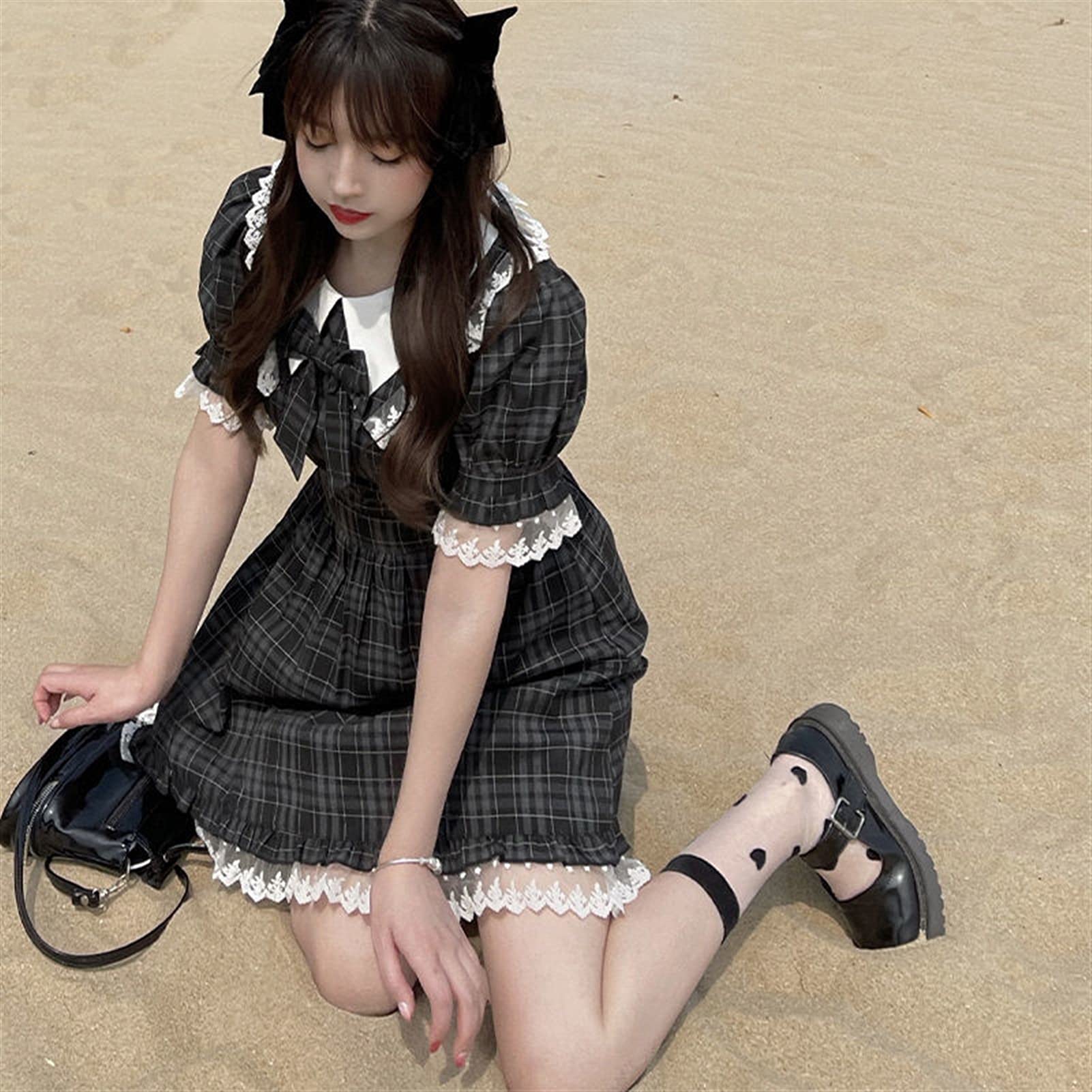 Simpatico Lolita Dress Gonna Summer Dresses Giapponese Soft Girl Cute Bambola Collo Collo Arco Slim Vita Plaid Dress Pizzo Principessa Kawaii Lolita Abiti Gothic Harajuku Dark
