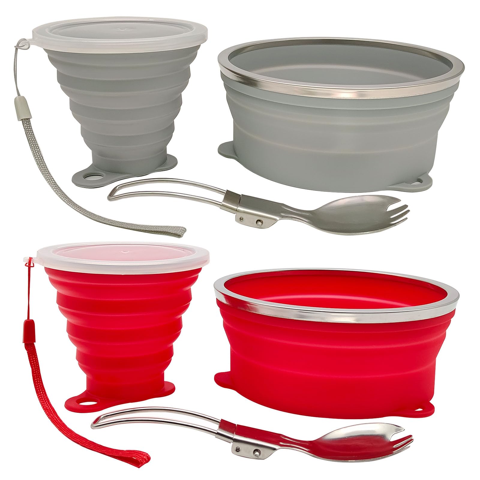 Juego de 2 cuencos plegables de silicona para camping, taza plegable y cuchara de acero inoxidable para mochileros, senderismo, viajes y picnic