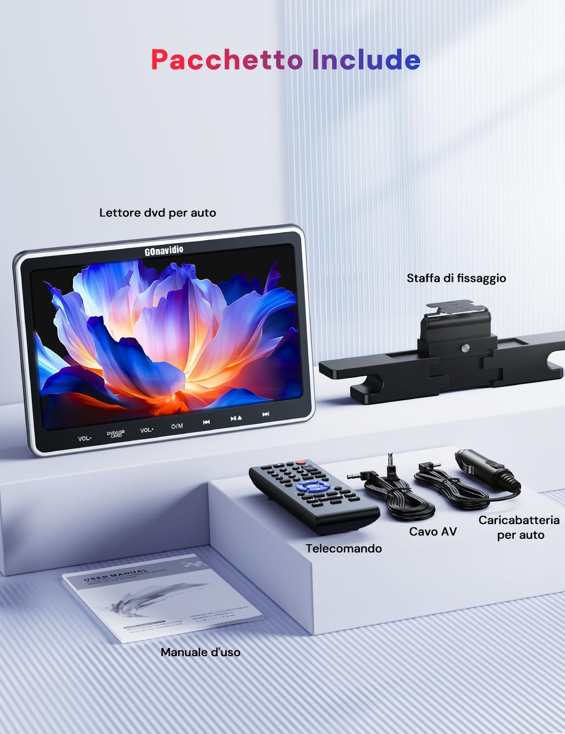 GOnavidio Lettore DVD per Auto 10,1'' con Ingresso HDMI, Lettore DVD per Auto con Supporto per Poggiatesta, Supporto video 1080P, Scheda USB/SD, AV IN/AV OUT, Resione Libera (No Batteria)