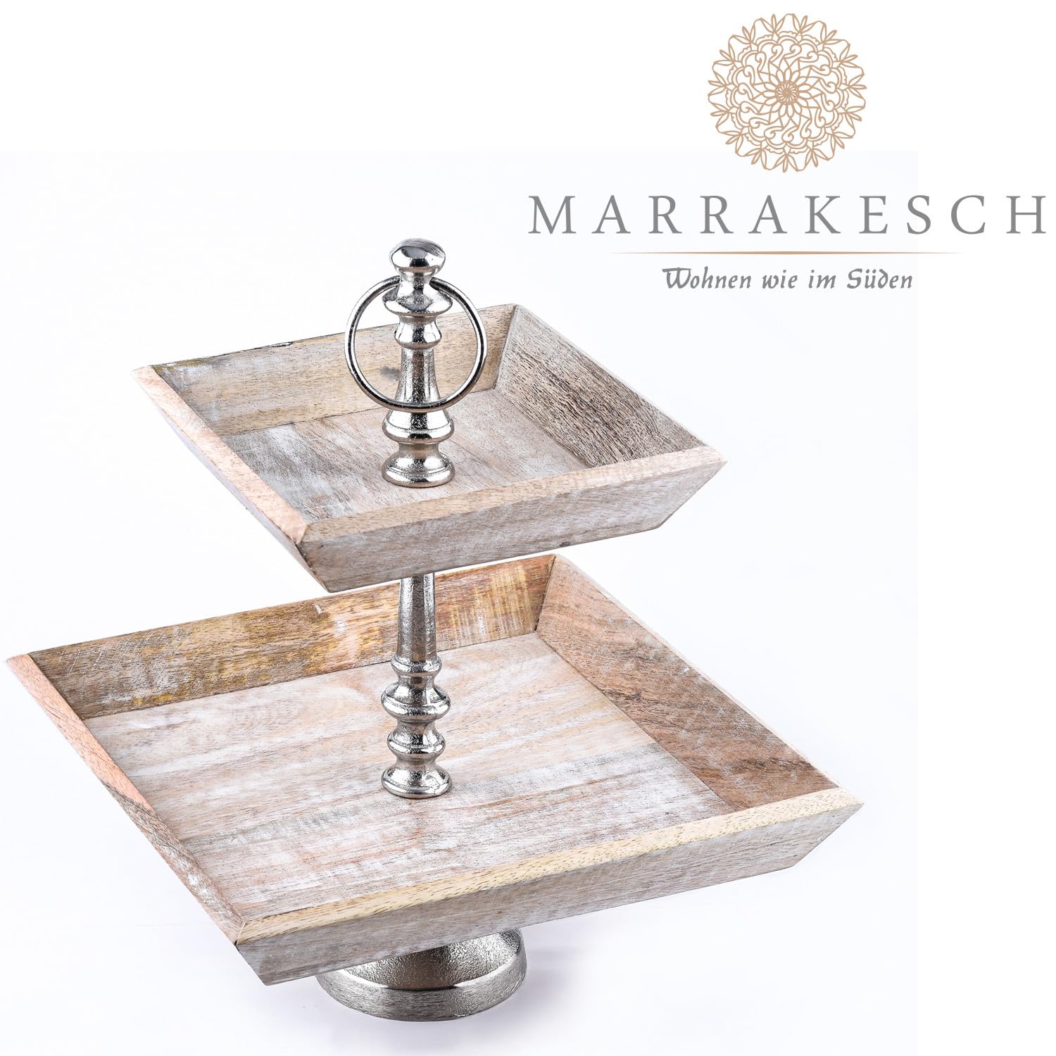 Vintage Obst-Etagere Ansgar 2 Etagen edel aus Holz und Aluminium 38 cm