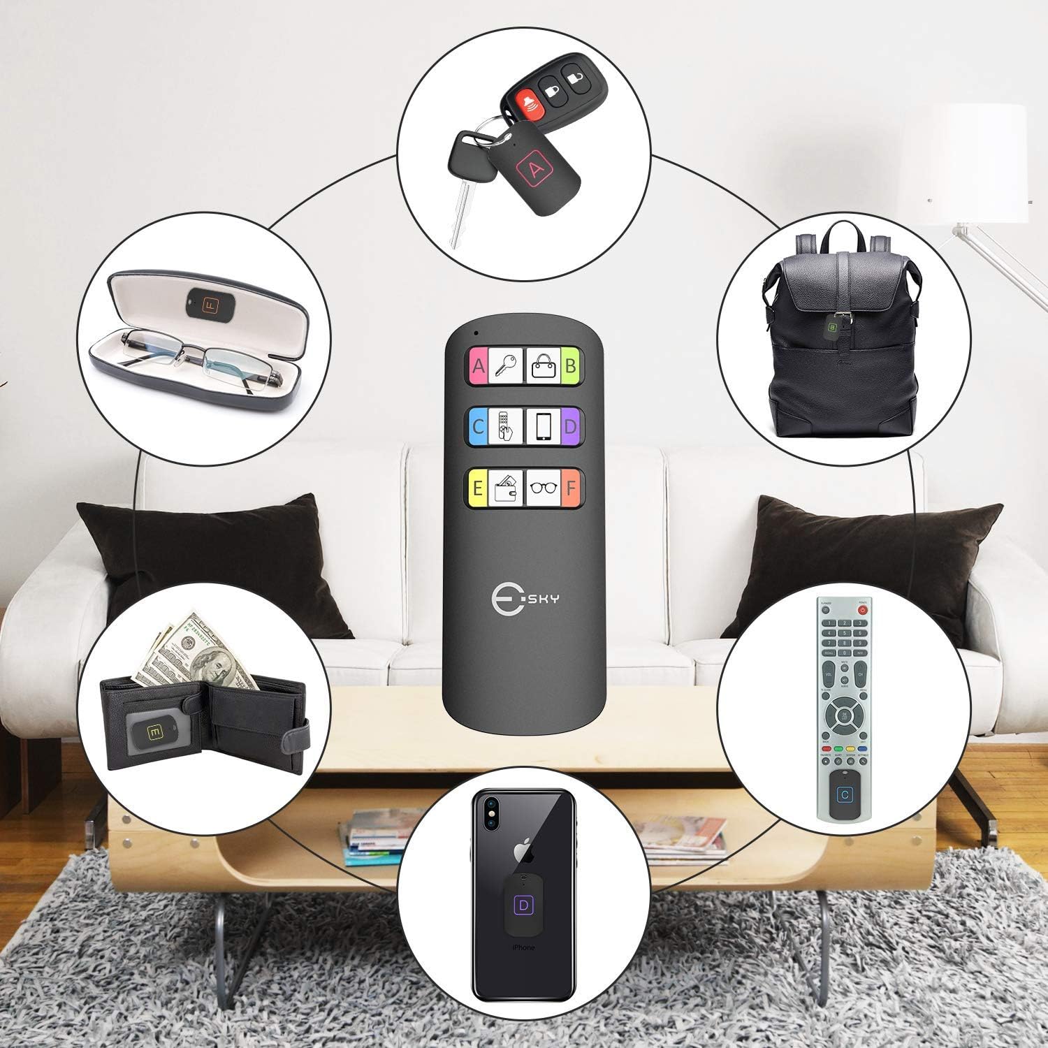 Key Finder, Esky 98ft Working Range Remote Finder with 6 Receivers-85db Sound Beep Key Tracker for Finding Key Wallet Pet, Key Finder Locator with Stickers, Key Ring and Receiver's Batteries