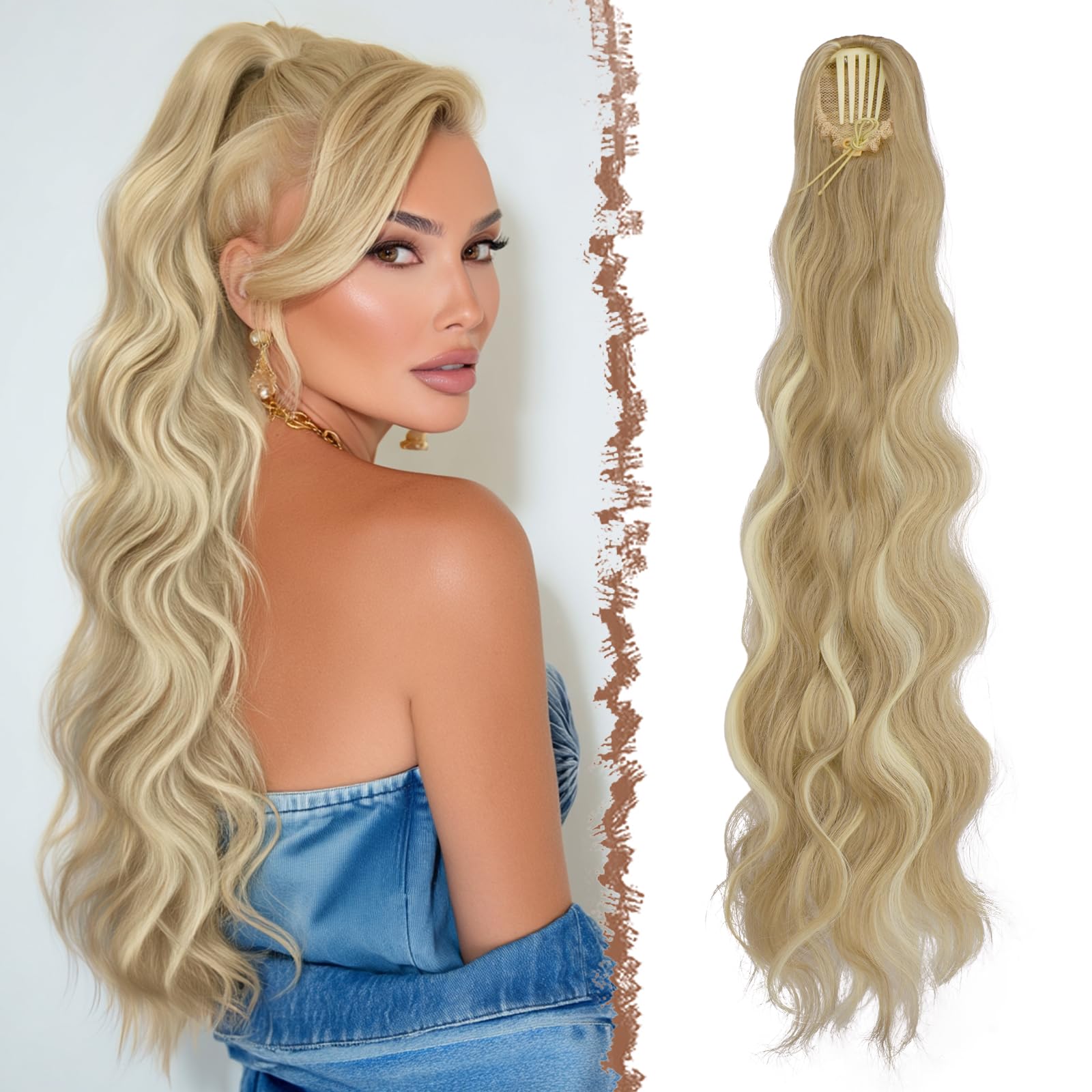 FESHFEN Pferdeschwanz Haarteil mit Kordelzug, 75cm Gewellt Ponytail Extension Comb Clip in Haarverlängerung zopf für Frauen Synthetik Pferdeschwanz Haarverlängerung - Schmutziges Blond