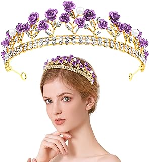 Aswewamt Purple Rose Tiaras Bridal Wedding Queen Crowns Gold Flower Baroque Princess Crown Pearls Crystal Gold Headbands Rose Flower Jewelry for Women Girls