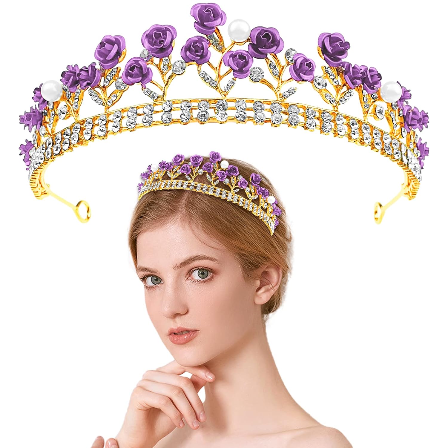 Aswewamt Purple Rose Tiaras Bridal Wedding Queen Crowns Gold Flower Baroque