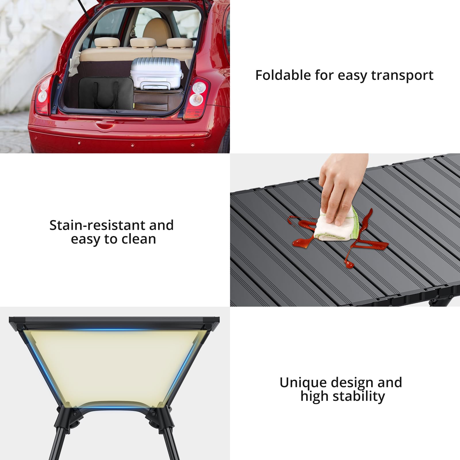 Anbte Table de camping pliante de 0,9 m, 4 hauteurs réglables, table de camping enroulable en aluminium avec sac de transport, portable, imperméable, pour pique-nique, extérieur, voyage, jardin, plage