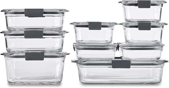 Rubbermaid Brilliance Glass Food Storage Containers Assorted Sizes Set of 9 BPA-Free Leak-Proof Clear