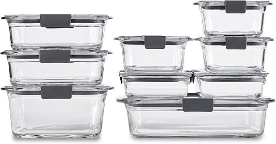Rubbermaid Brilliance Glass Food Storage Containers, Assorted Sizes, Set of 9, BPA-Free, Leak-Proof, Clear