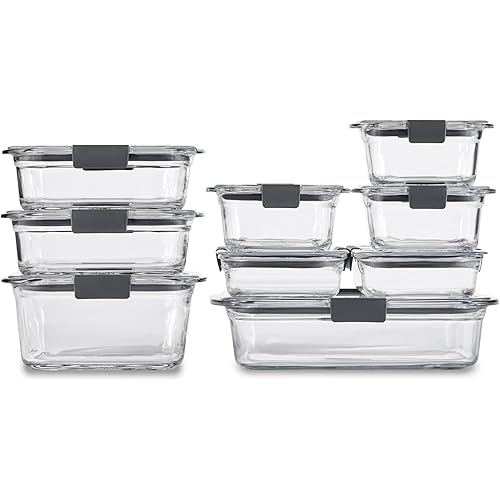 Rubbermaid Brilliance Glass Food Storage Containers, Assorted Sizes, Set of 9, BPA-Free, Leak-Proof, Clear