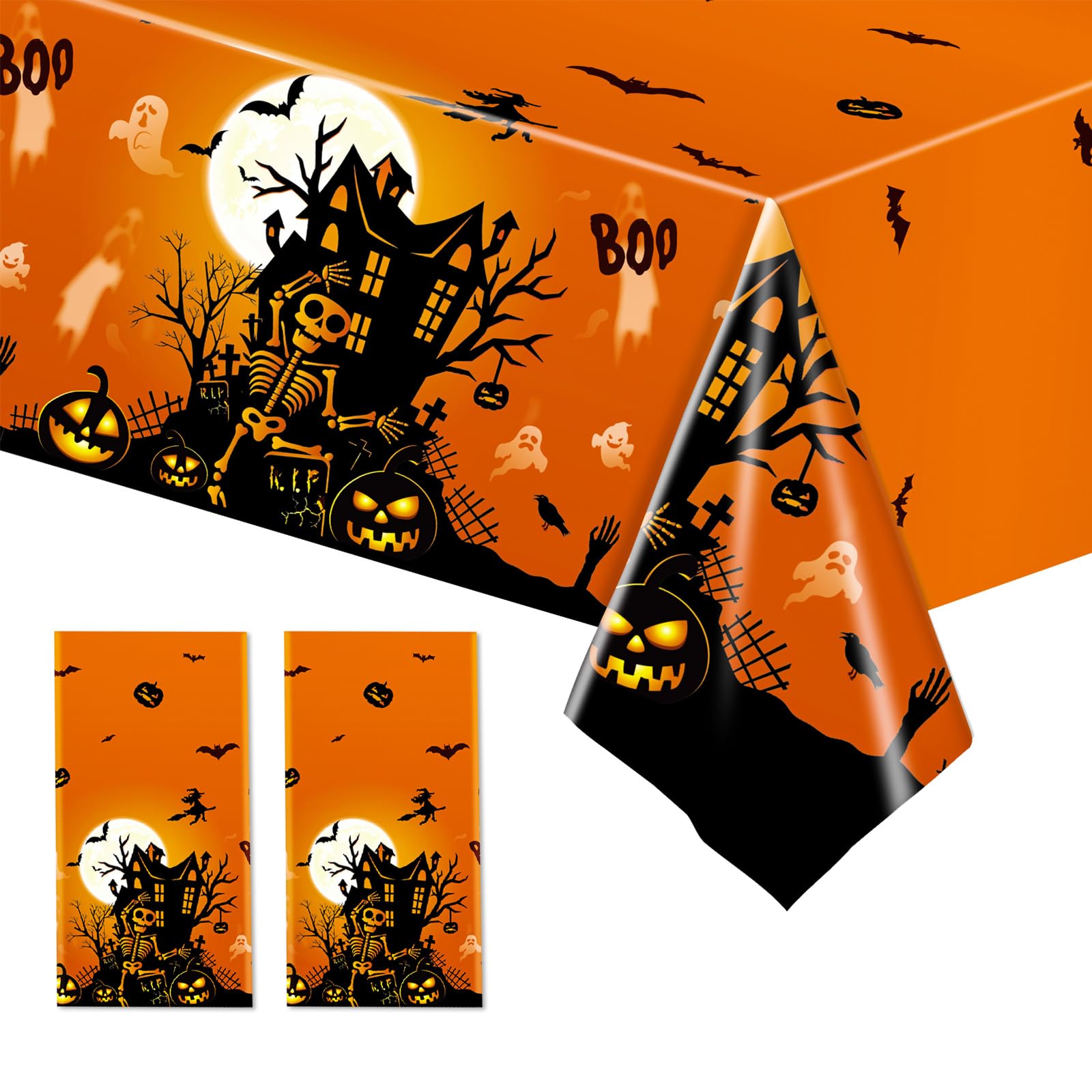 2 Pack Halloween Table Cloth Party,137x274cm Rectangle Large Plastic Orange Tablecloth Skeleton Party Tableware Decor,Halloween Tablecovers Party for Winter Holiday Halloween Party Dinner Table Cloths