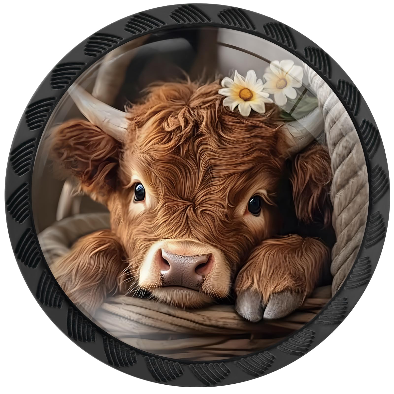 Artinhand Highland Cow 4 Pack Cabinet Knobs Round Drawer Pulls Black Dresser Knob Cupboard Door Handles Hardware For Kitchen Bathroom Cabinets