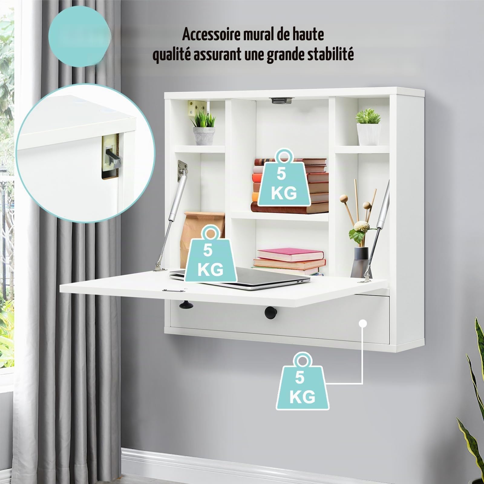 FANTASK Bureau d'ordinateur Pliable avec Compartiments de Rangement et tiroir, Table Murale Pliante pour Bureau à Domicile et Petites pièces, Blanc