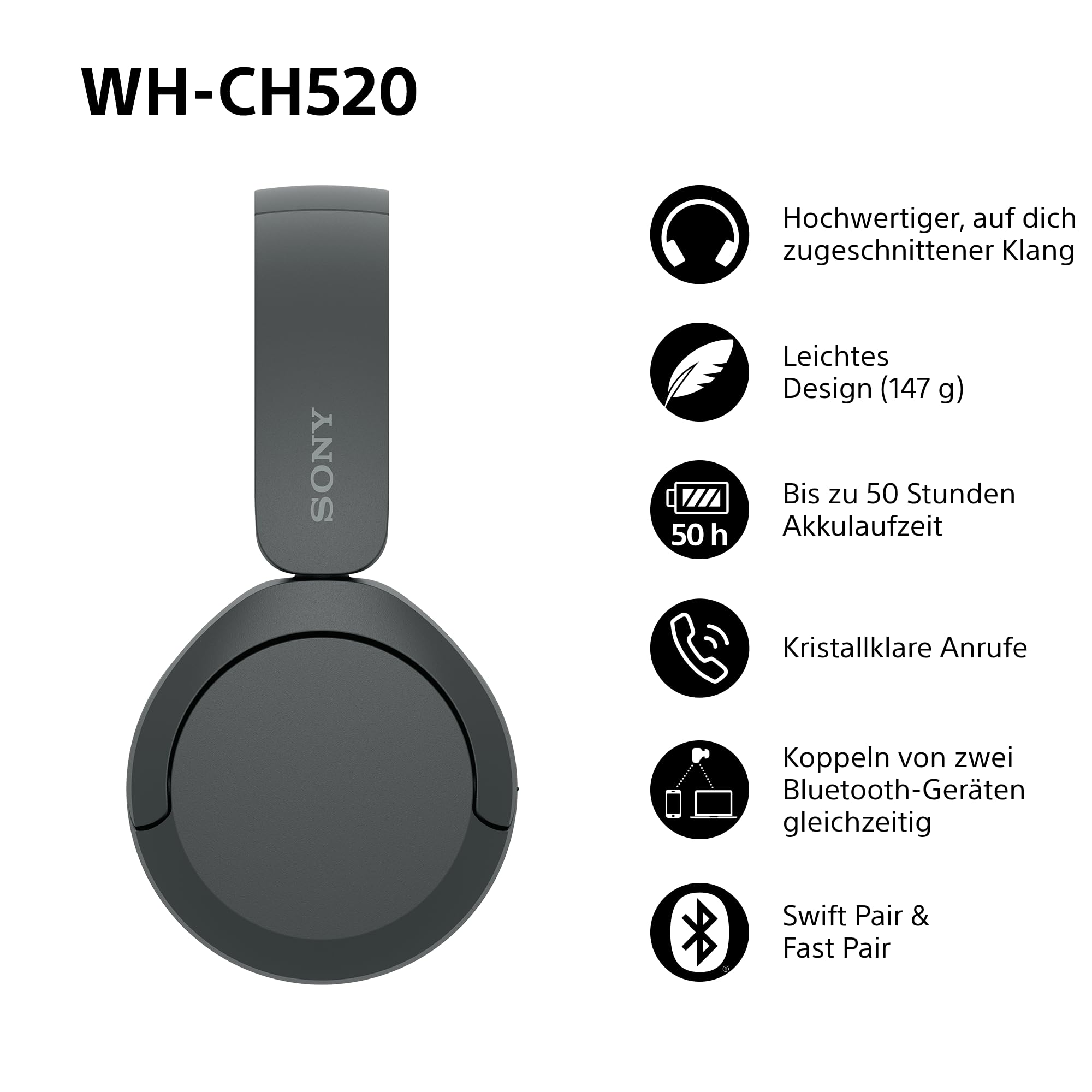 Sony WH-CH520 Kabellose Bluetooth-Kopfhörer - bis zu 50 Stunden Akkulaufzeit mit Schnellladefunktion, On-Ear-Modell - Schwarz