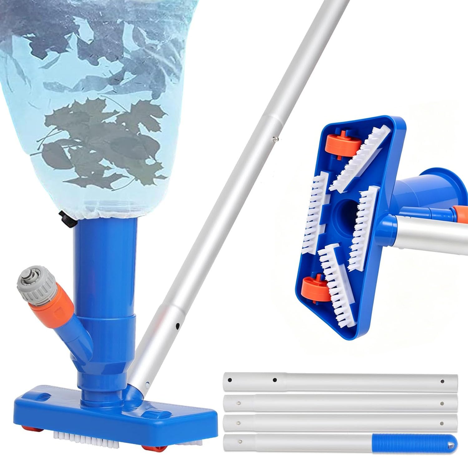142cm Poolsauger Staubsauger - Pool Sauger mit Bürste & 4 Abnehmbare Verstärkung Aluminiumstange, Schwimmbad Teich Jet Vakuumkopf mit Laubsack für Reinigung Saugen Pool Boden Mini-Reiniger für Brunnen