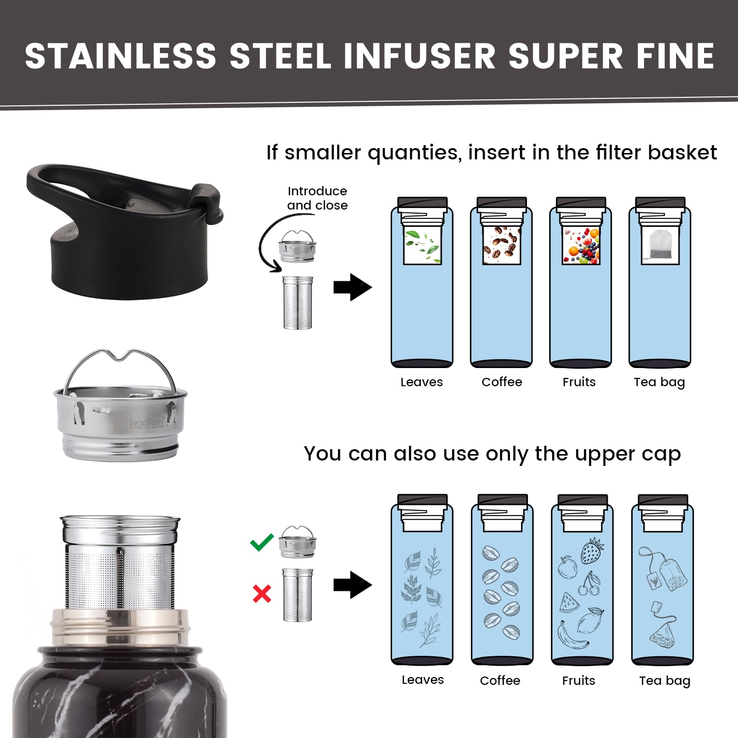 lexlion Tee-Ei Flasche – Frucht-Infuser-Wasserflaschen, 625 ml, dreiwandige, isolierte Edelstahlflasche, Thermo-Blatt-Infuser, Silikonhülle, 3 Deckel, auslaufsicher, Metallbecher