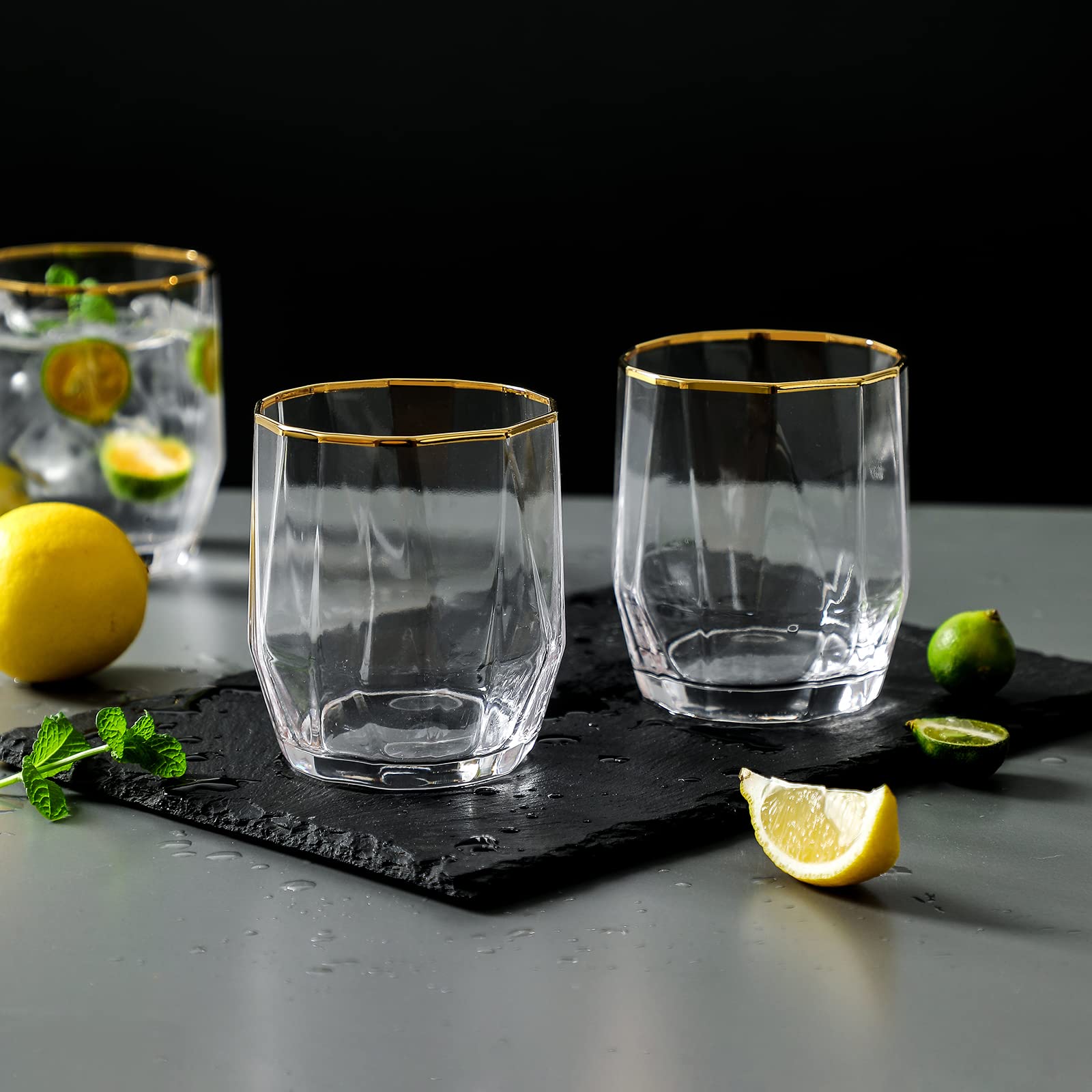 Juego de 6 vasos de copa de oro con borde de 14 onzas, cristalinos y bonitos vasos Highball para mojito, cóctel, agua, cerveza, coque, soda y bebidas mixtas