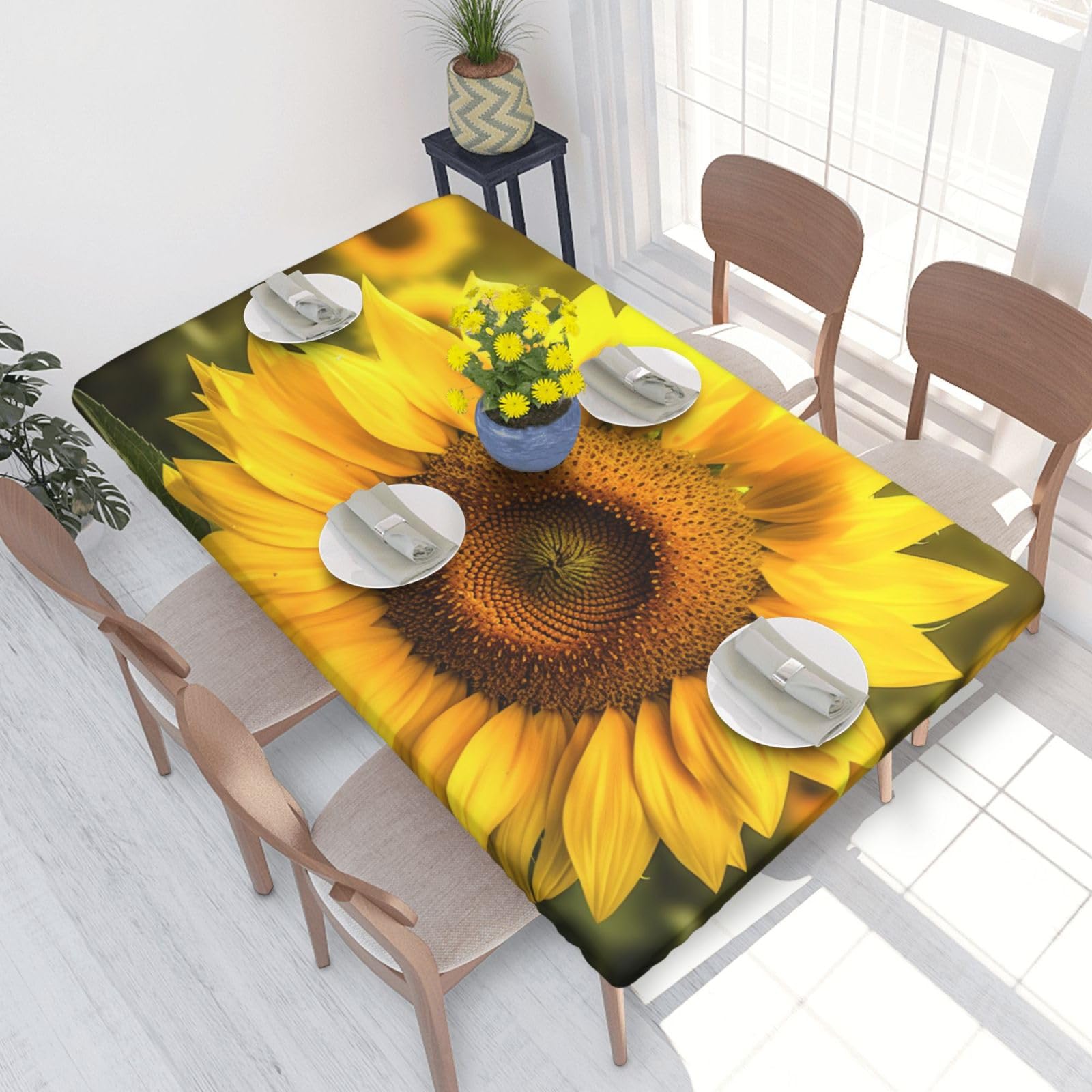 DCARSETCV Sunflower Printed 4FT Waterproof Tablecloth with Elastic Edged Protect & Decor Your Table, Oil-proof Washable Table Cloth Cover for Dinner Picnic Party