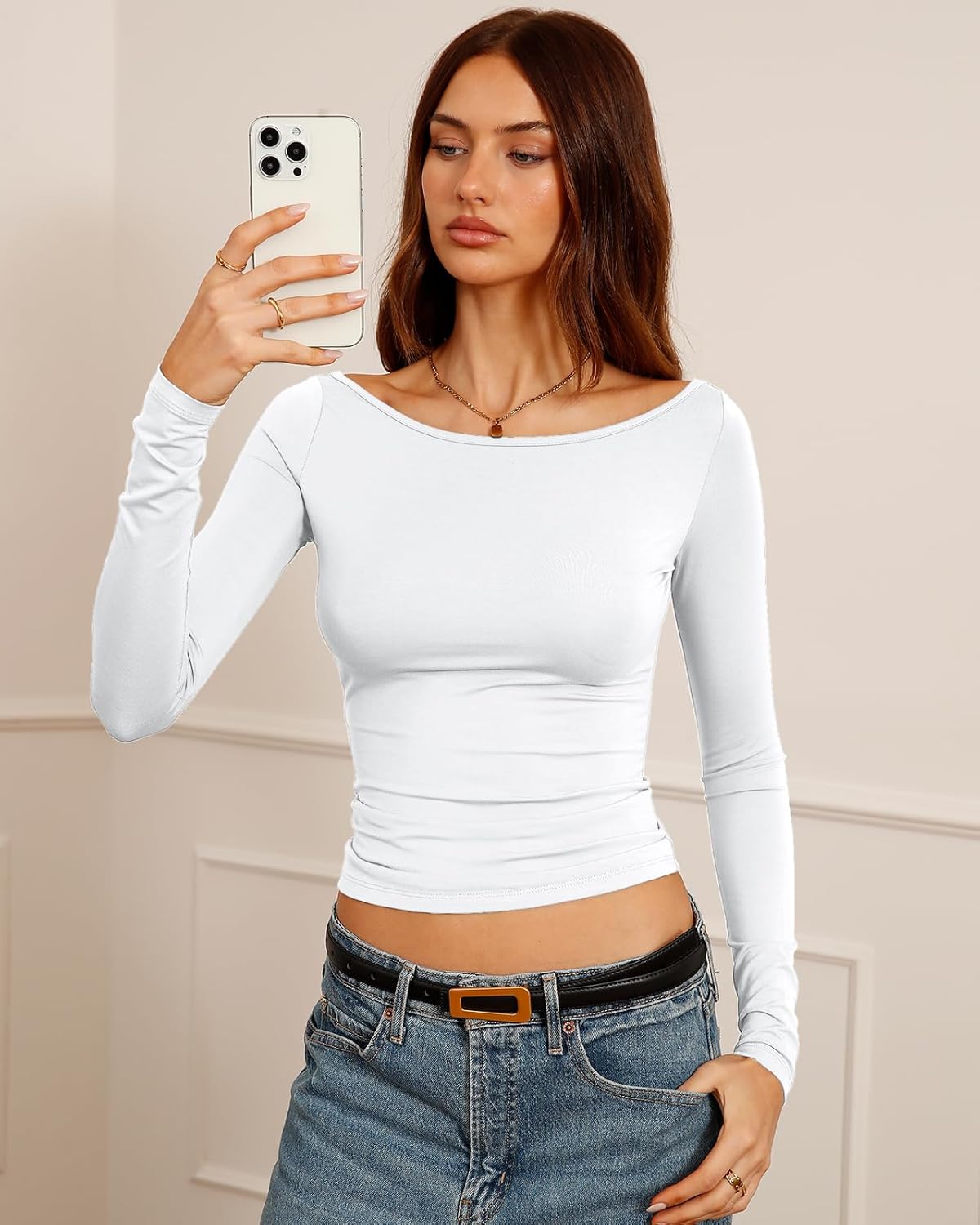 Women's Dressy Casual Boat Neck Tops Long Sleeve T Shirts Fall Basic Tops Slim Fit - Image 4