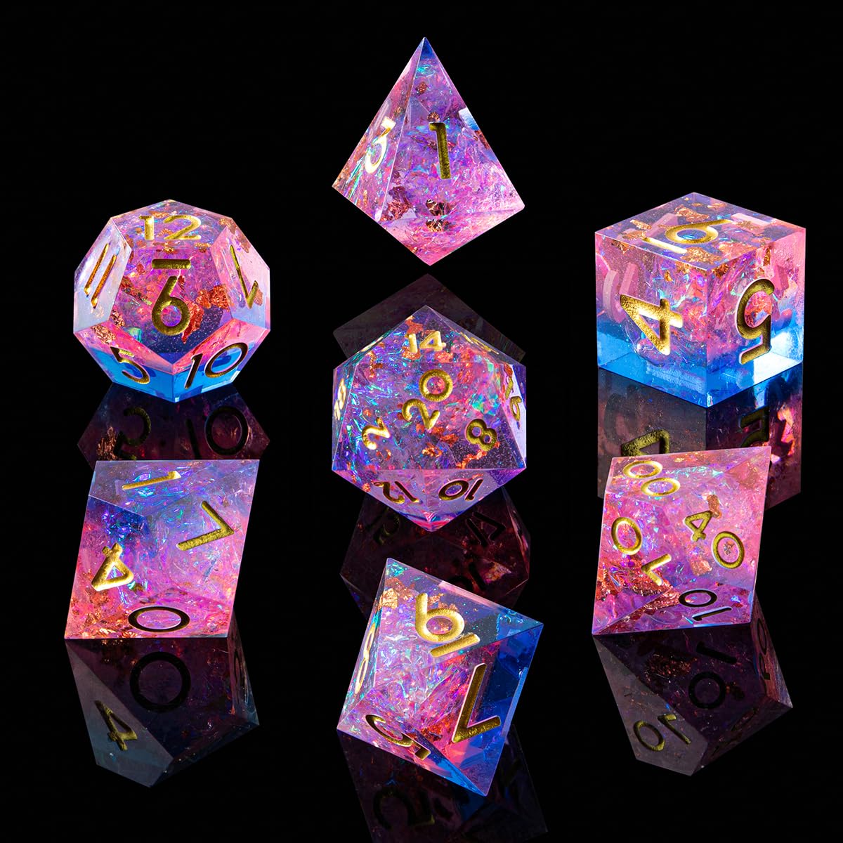 Set di dadi per DND Sharp Edge, fatti a mano, 7 accessori per giochi TTRPG, giochi di ruolo multifacciali, resina poliedrica con bordi affilati, giochi di ruolo Shadowrun Pathfinder MTG