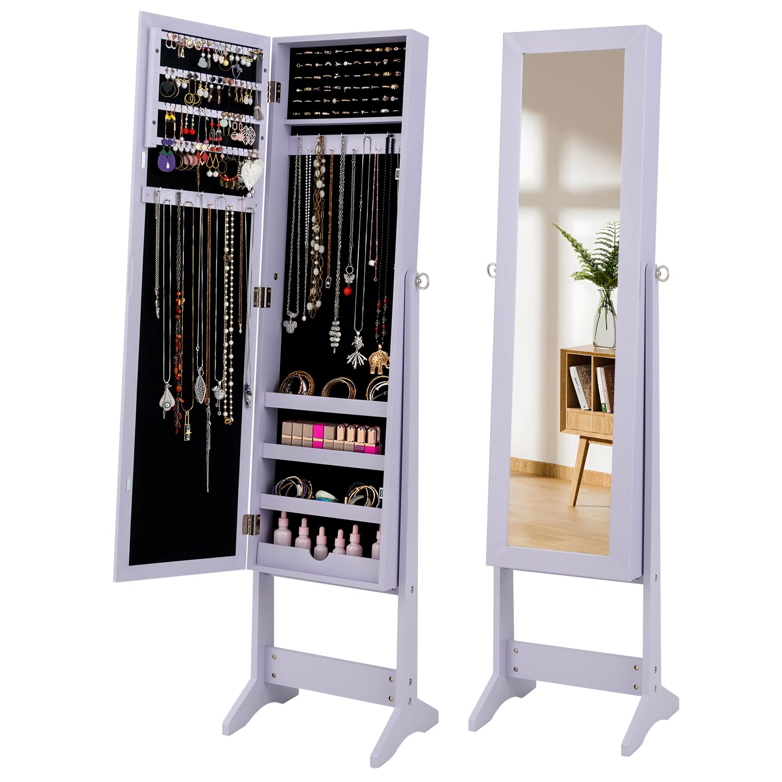 GOPLUS Espejo Joyero de Pie, 143 x 35,5 x 30,5 cm, Armario de Bisutería con 3 Inclinaciones a Elegir, Organizador de Almacenamiento para Pendiente Collar, con Espejo y 4 Compartimentos (Violeta)