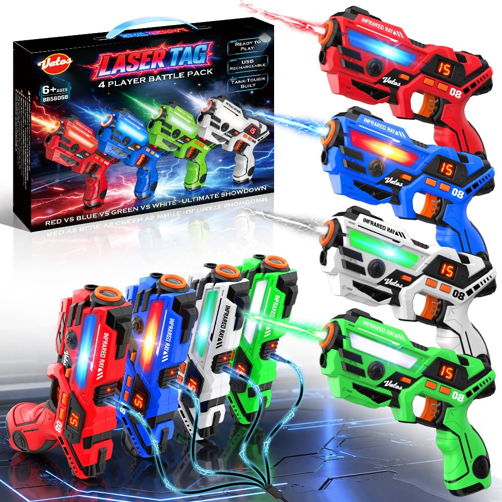 VATOS Set Laser Tag Ricaricabile 4 Pezzi, Giocattoli Pistola Laser con Schermo LED, Raggio 40 m per Interni ed Esterni - Gioco per Ragazzi e Famiglia, Regalo di Compleanno e Vacanza per Bambini 6+